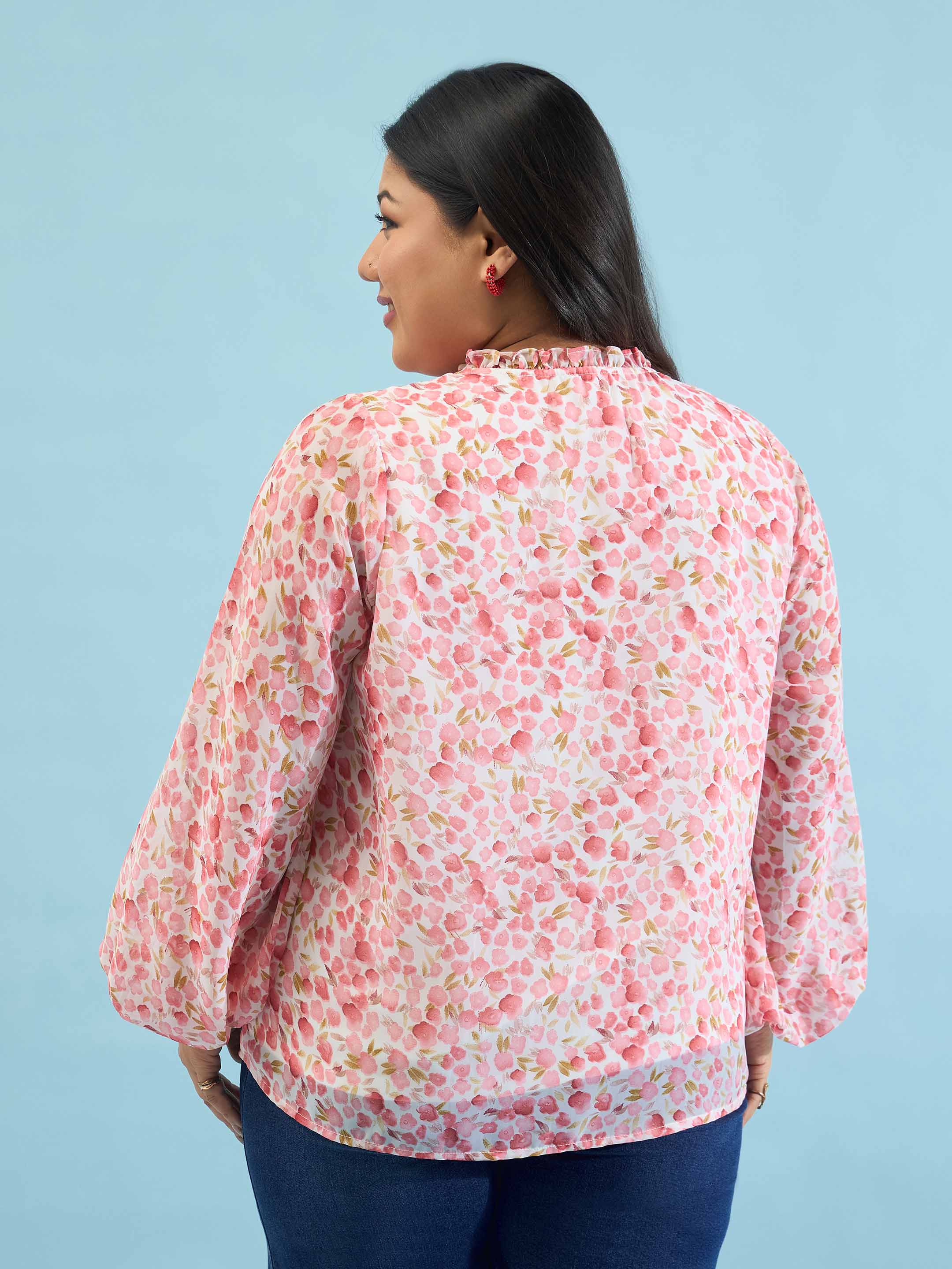Women Pink Floral Ruffle Neck Regular Shirt
