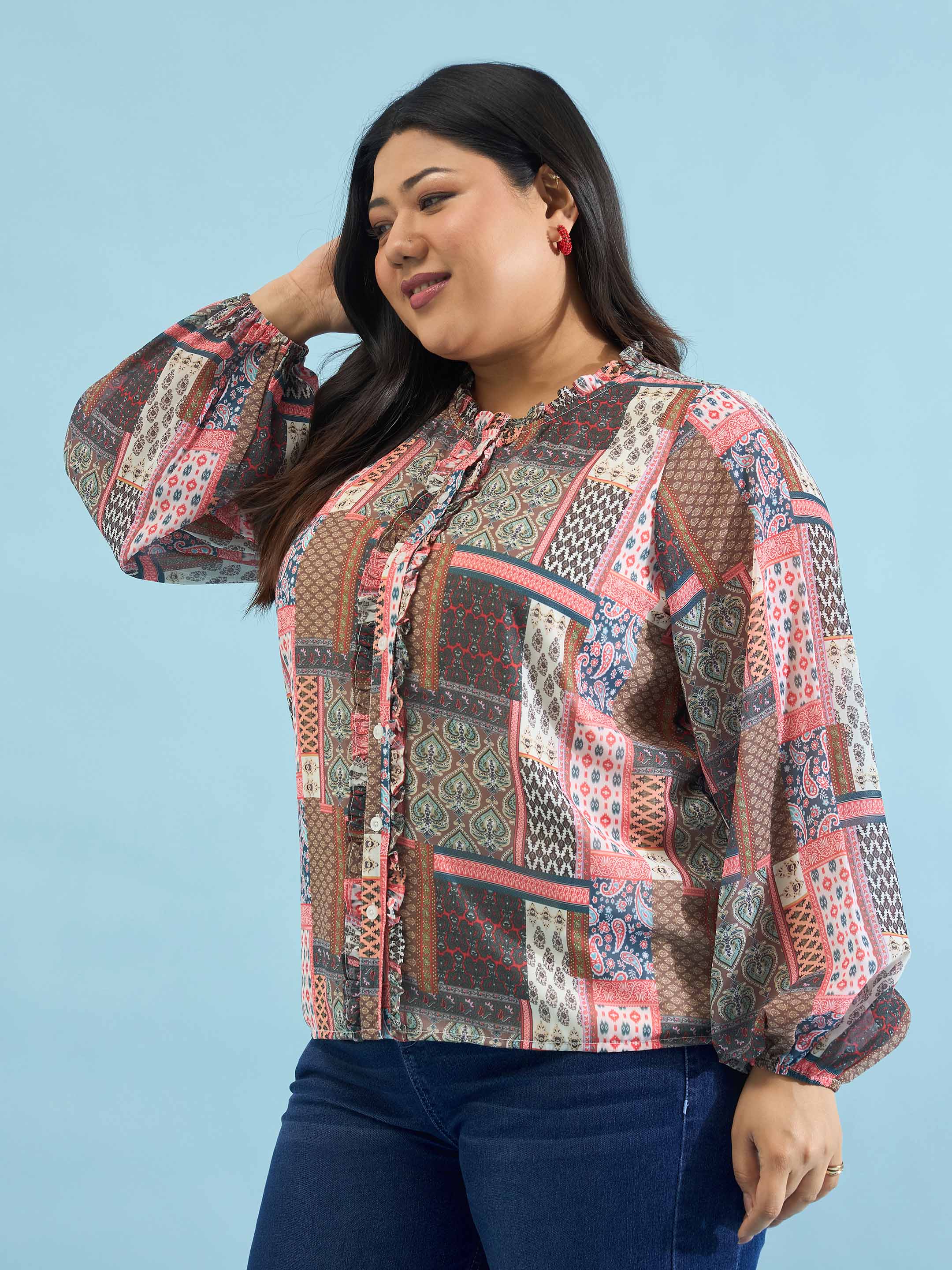 Women Brown Scarf Print Ruffle Neck Regular Shirt