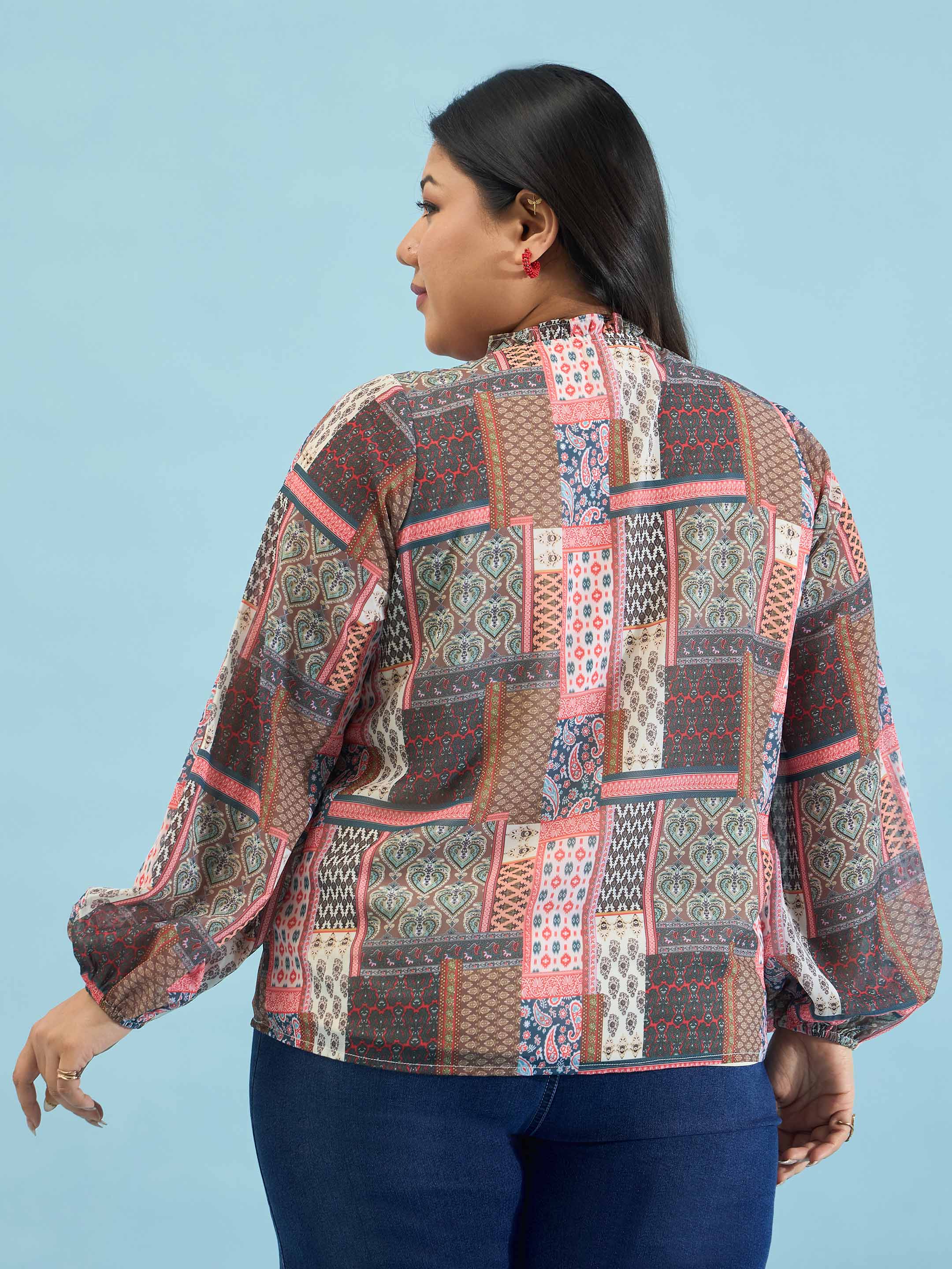 Women Brown Scarf Print Ruffle Neck Regular Shirt