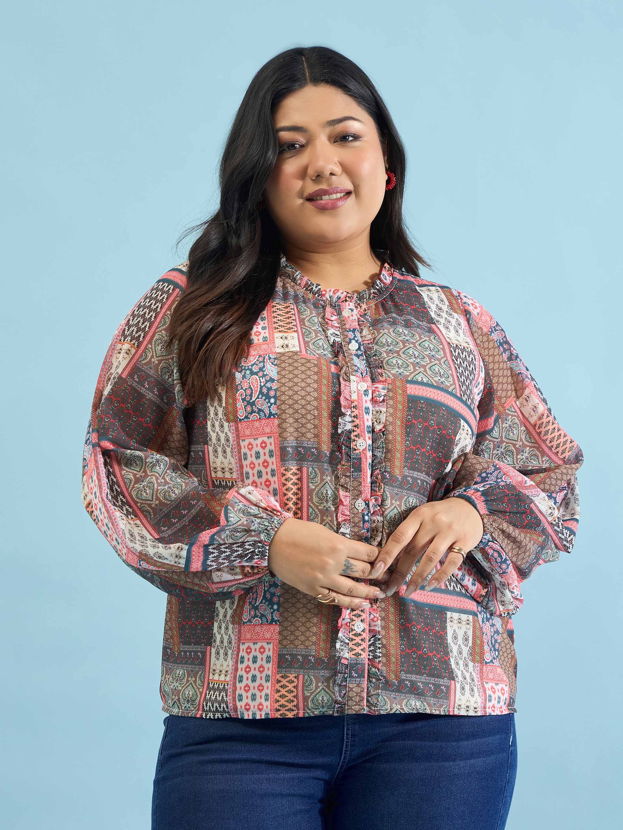 Women Brown Scarf Print Ruffle Neck Regular Shirt