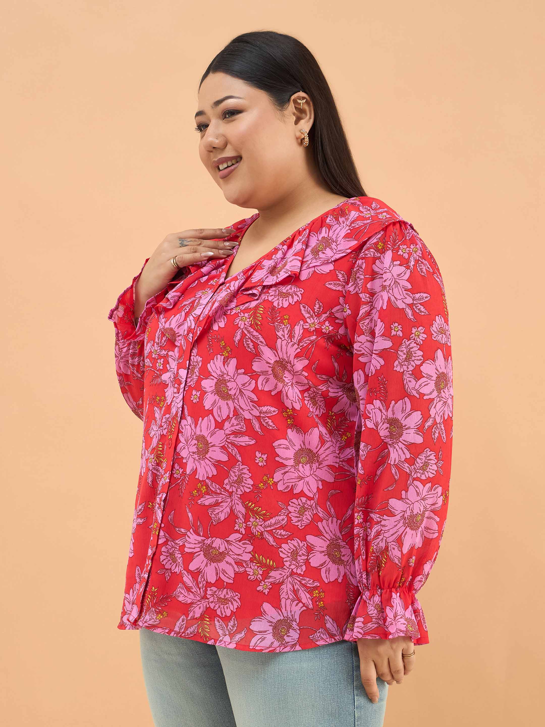 Women Red Floral Frill Neck Regular Shirt