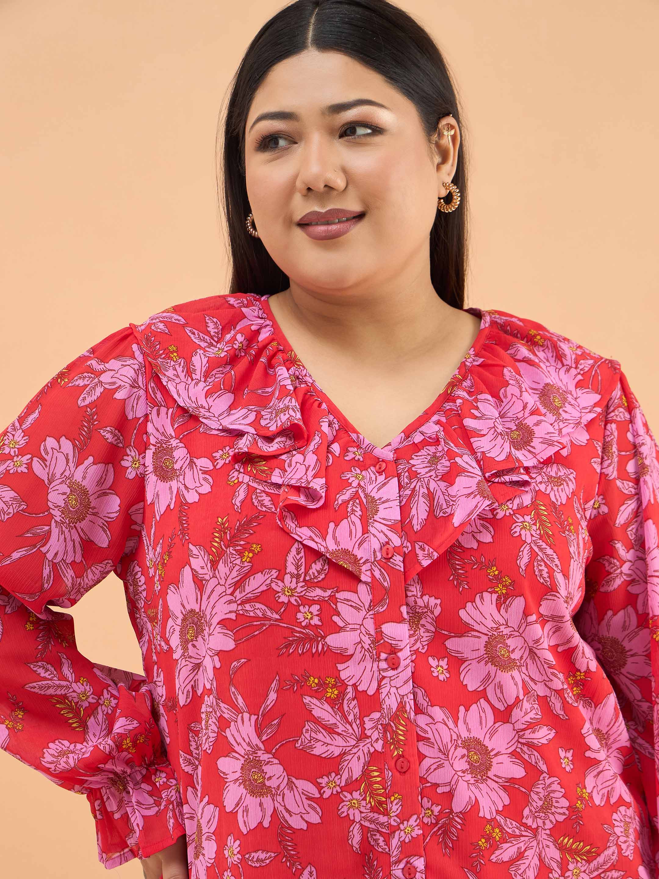 Women Red Floral Frill Neck Regular Shirt