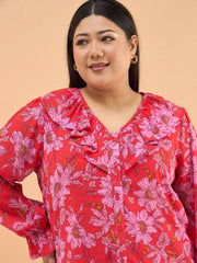 Women Red Floral Frill Neck Regular Shirt