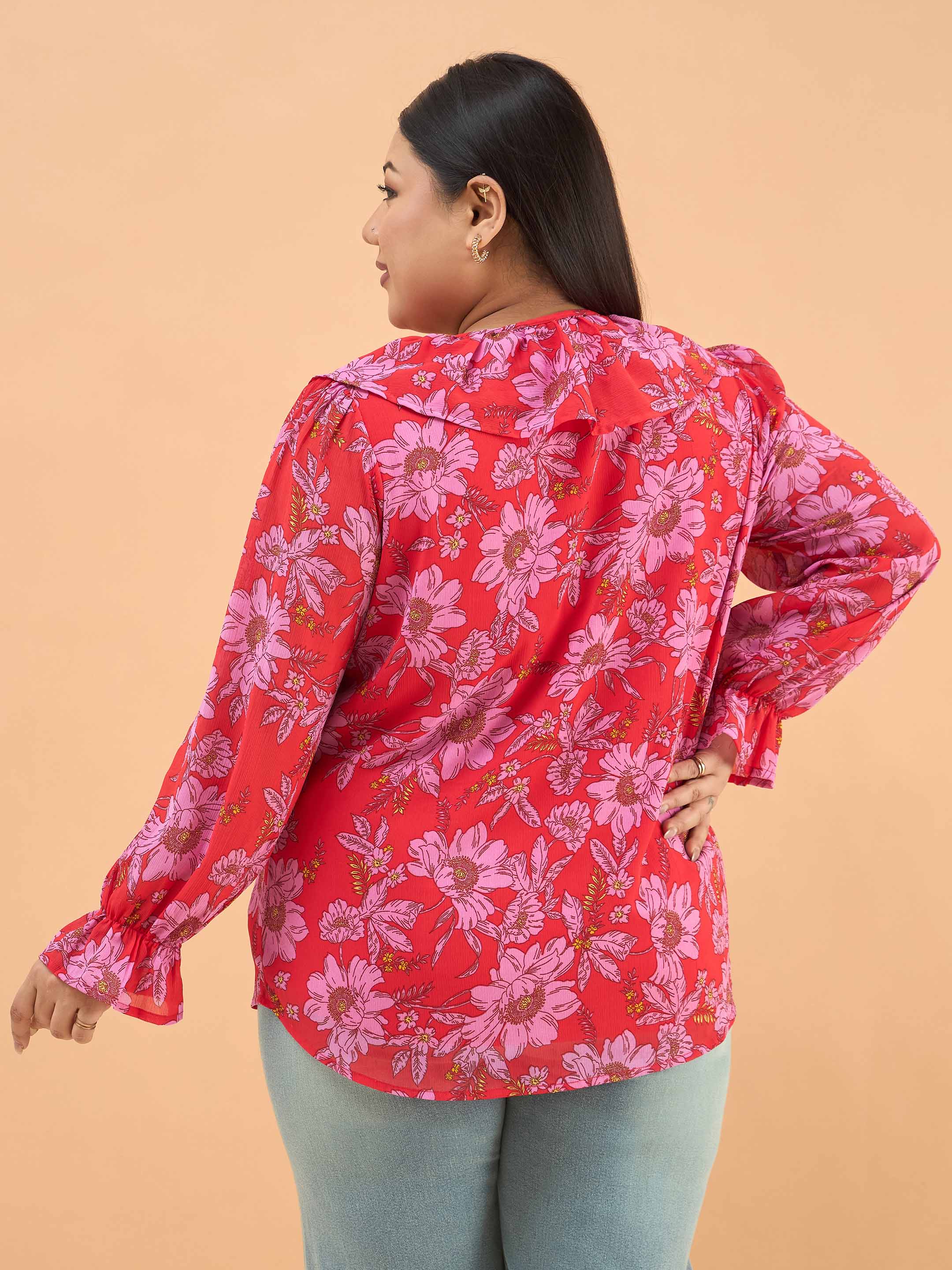 Women Red Floral Frill Neck Regular Shirt