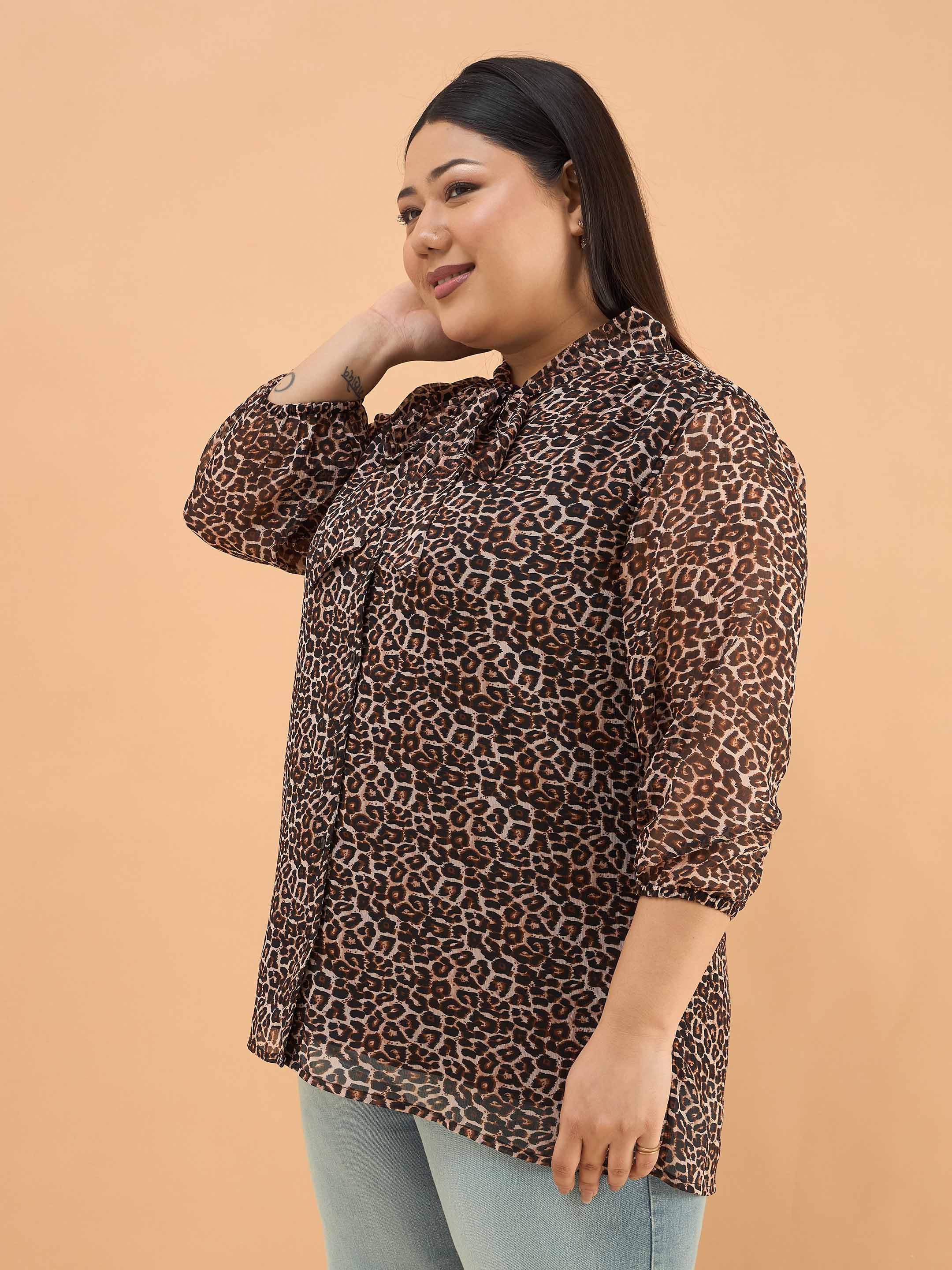 Women Black Animal Print Neck Tie-Up Regular Shirt