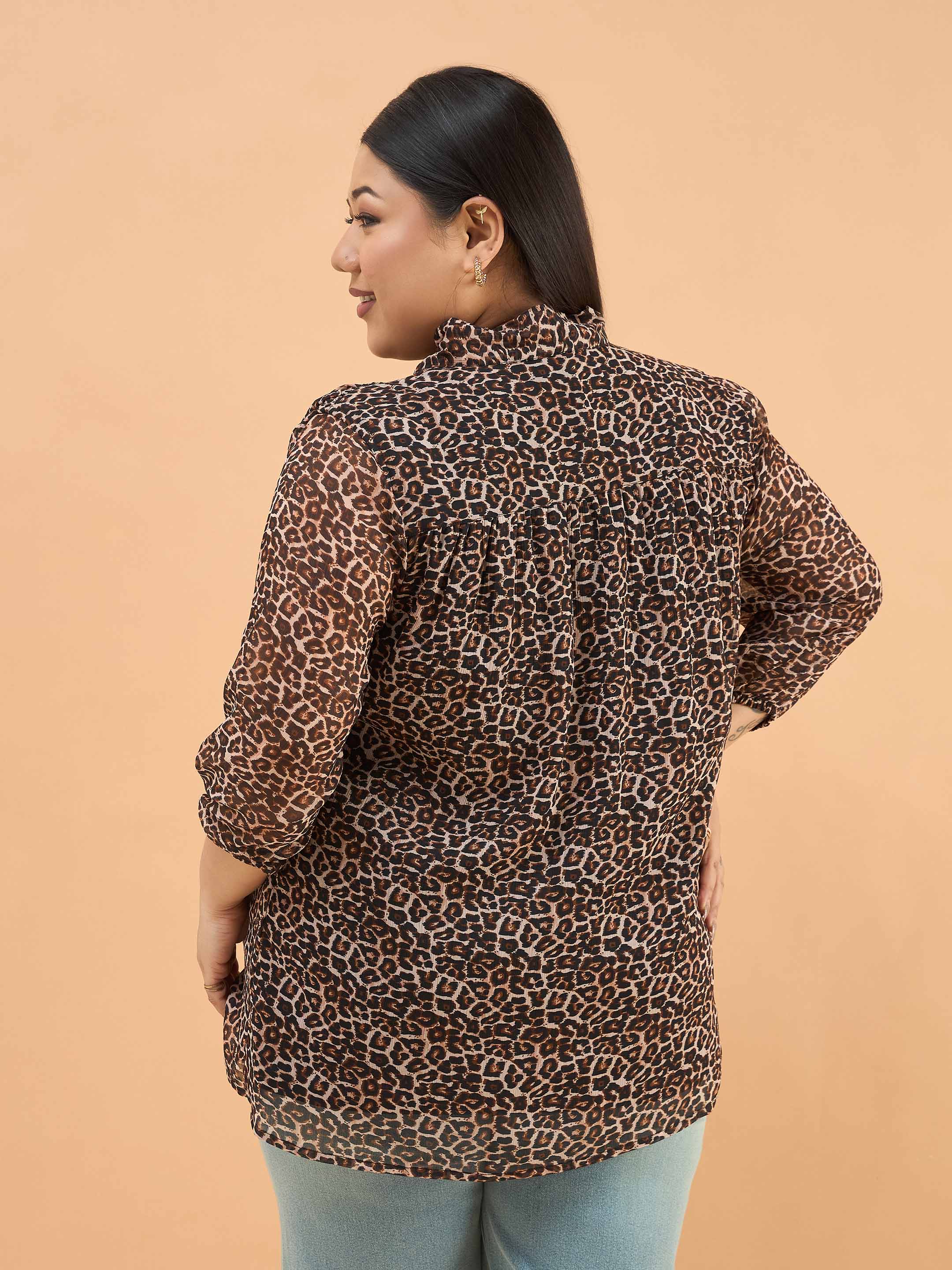 Women Black Animal Print Neck Tie-Up Regular Shirt