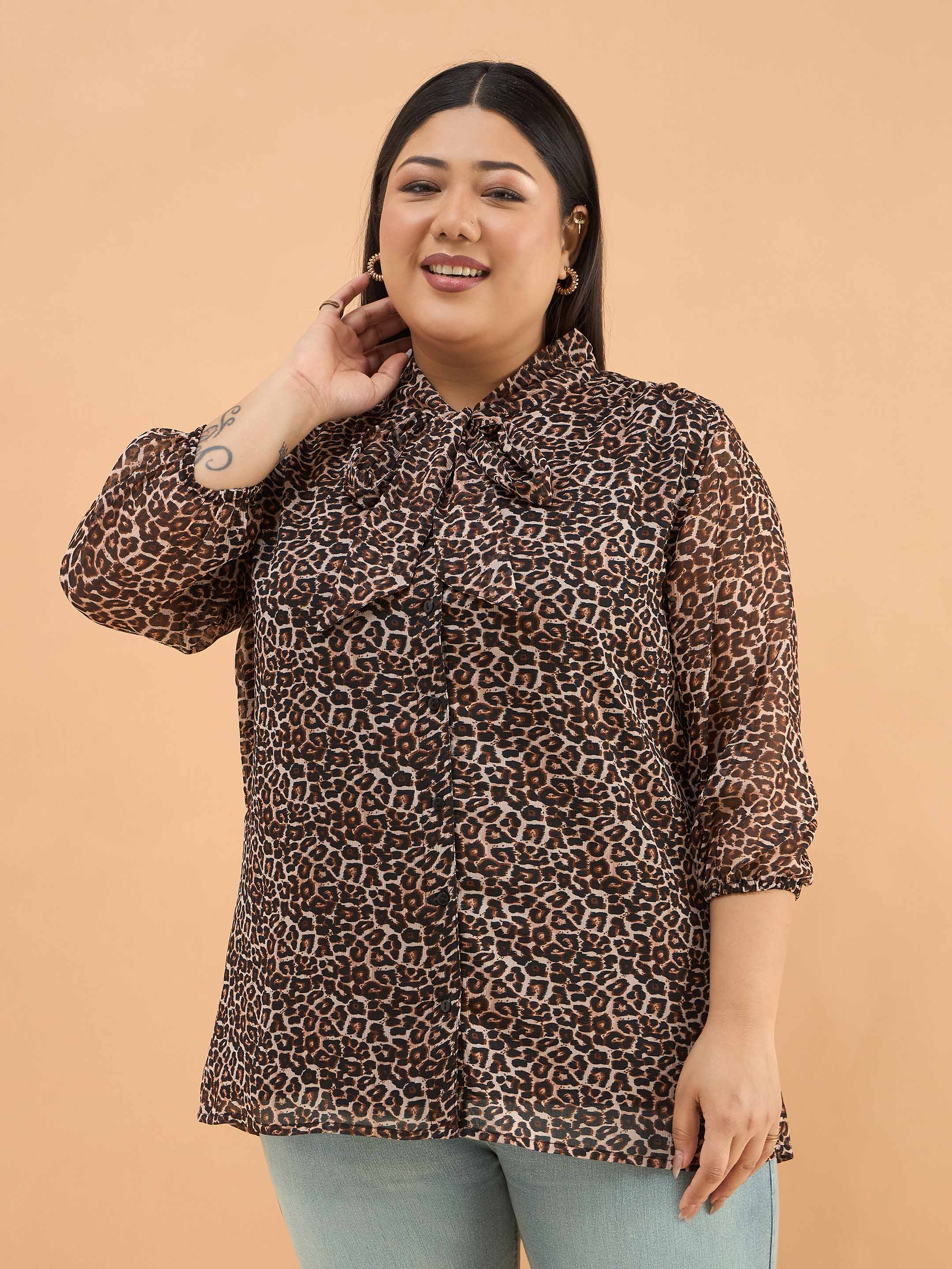 Women Black Animal Print Neck Tie-Up Regular Shirt