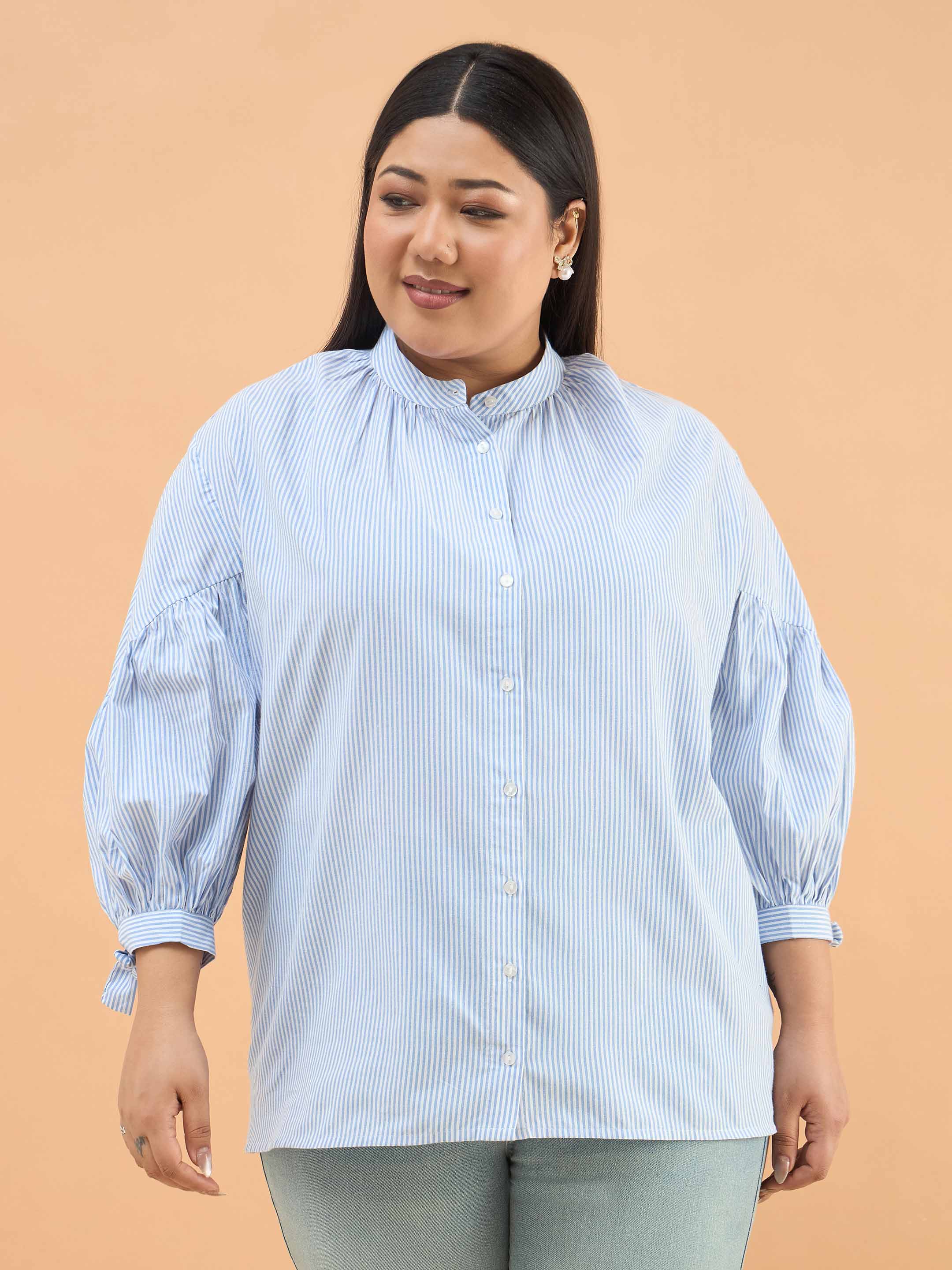 Women Ice Blue Stripes Mandarin Collar Tie Knot Shirt