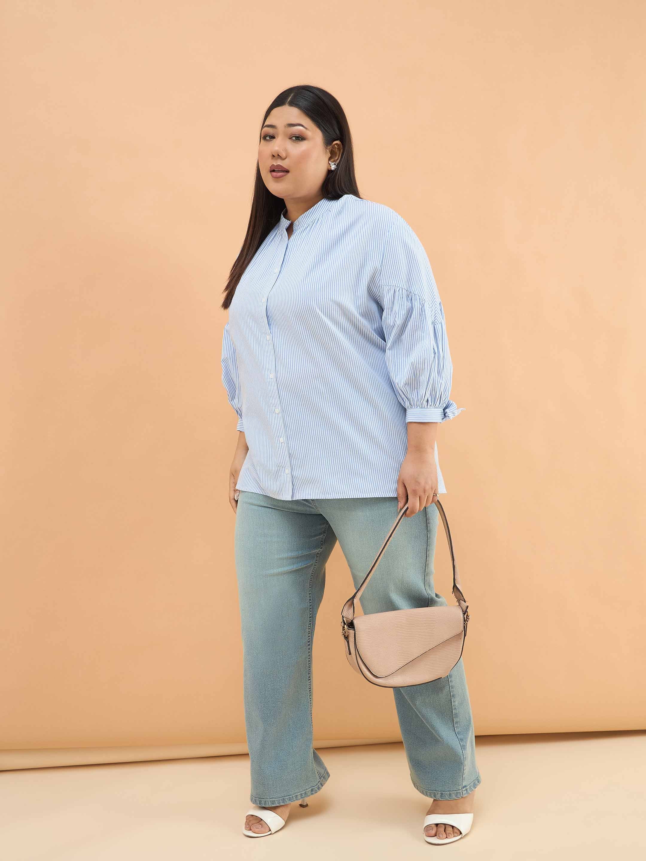 Women Ice Blue Stripes Mandarin Collar Tie Knot Shirt