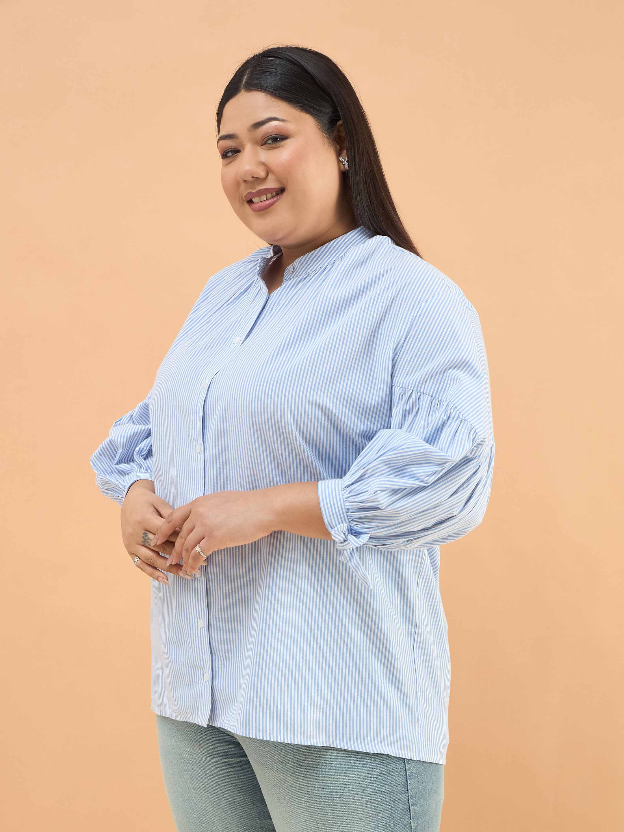 Women Ice Blue Stripes Mandarin Collar Tie Knot Shirt