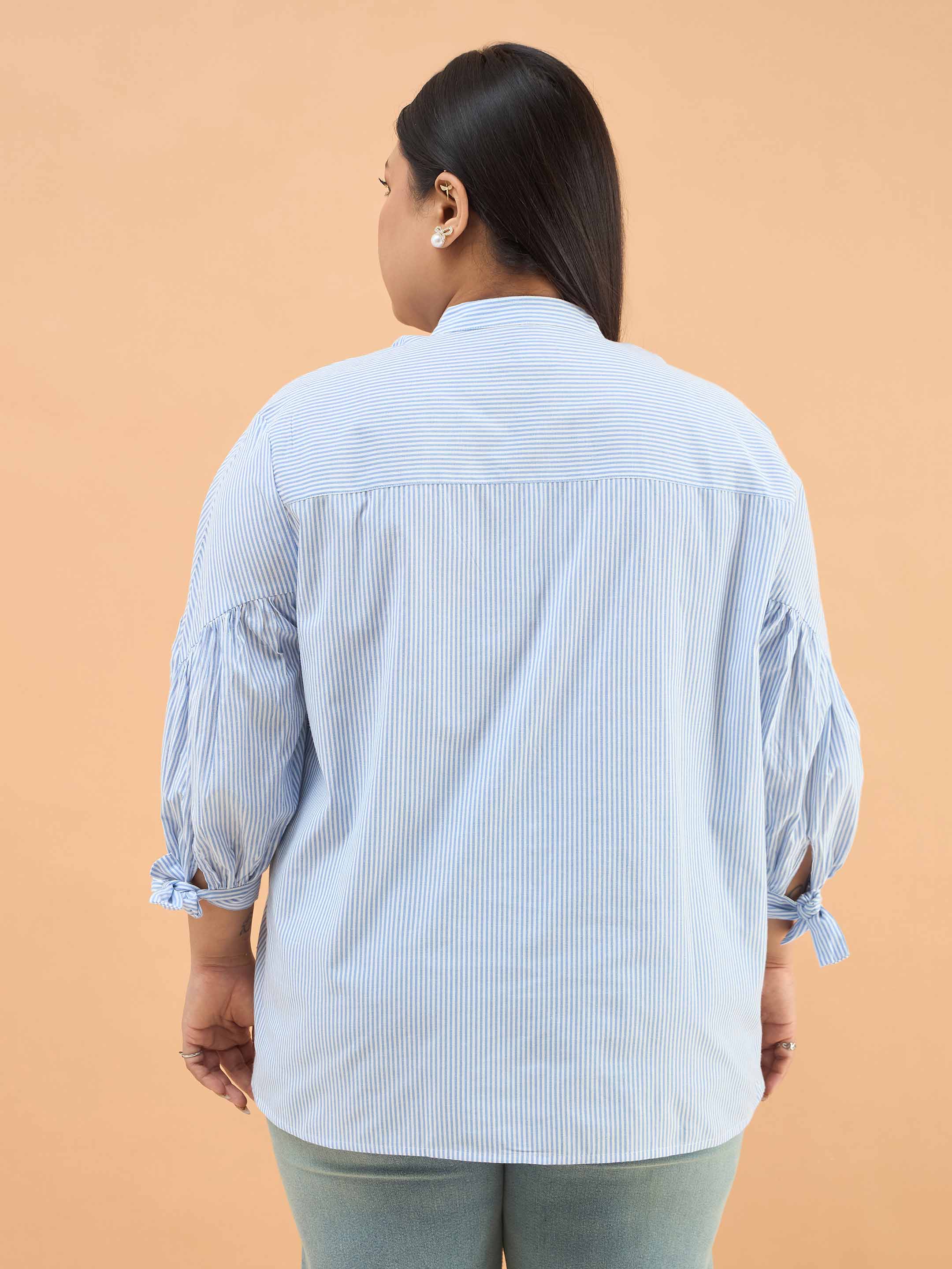 Women Ice Blue Stripes Mandarin Collar Tie Knot Shirt