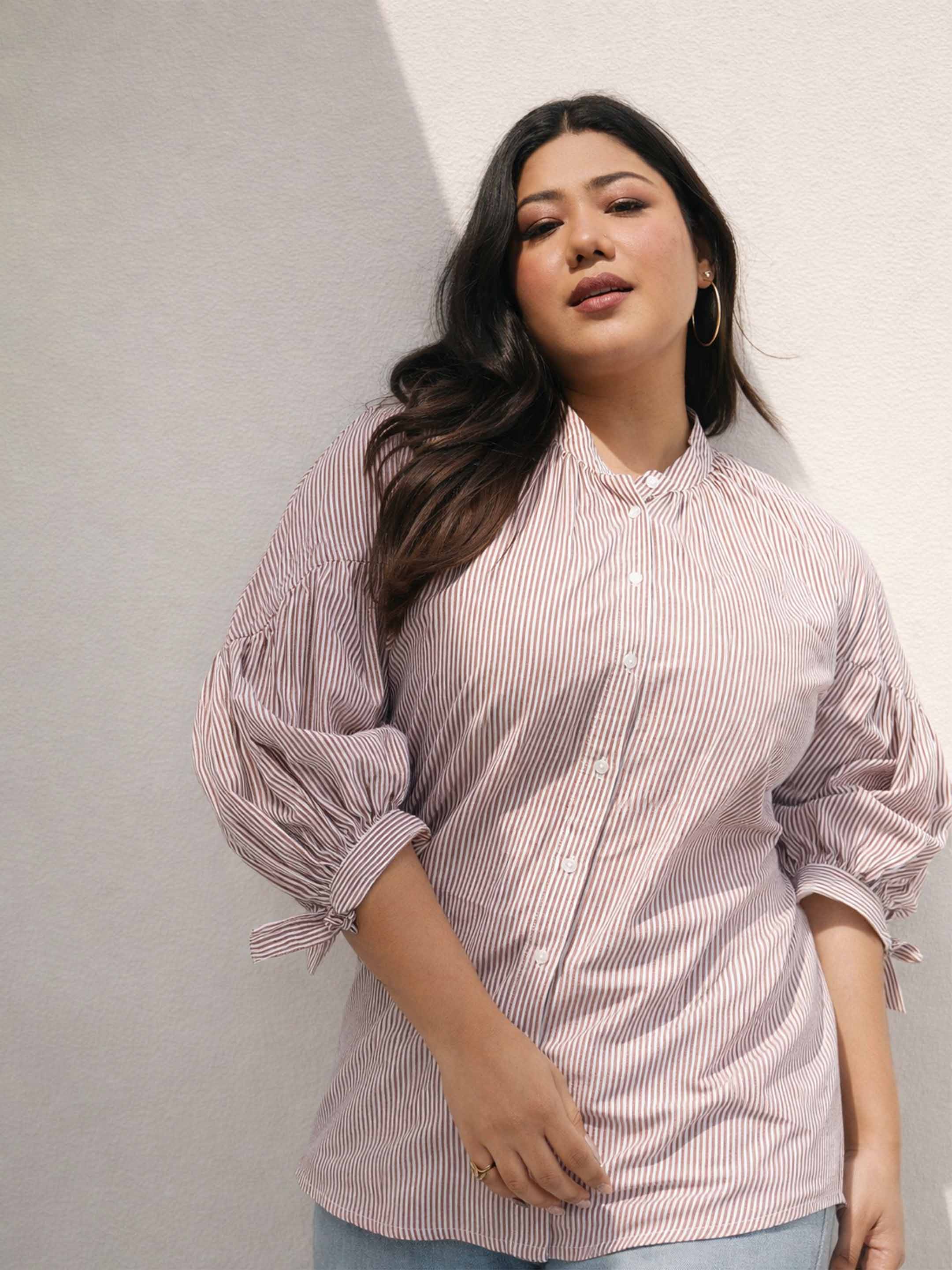 Women Brown Stripes Mandarin Collar Tie Knot Shirt
