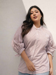 Women Brown Stripes Mandarin Collar Tie Knot Shirt