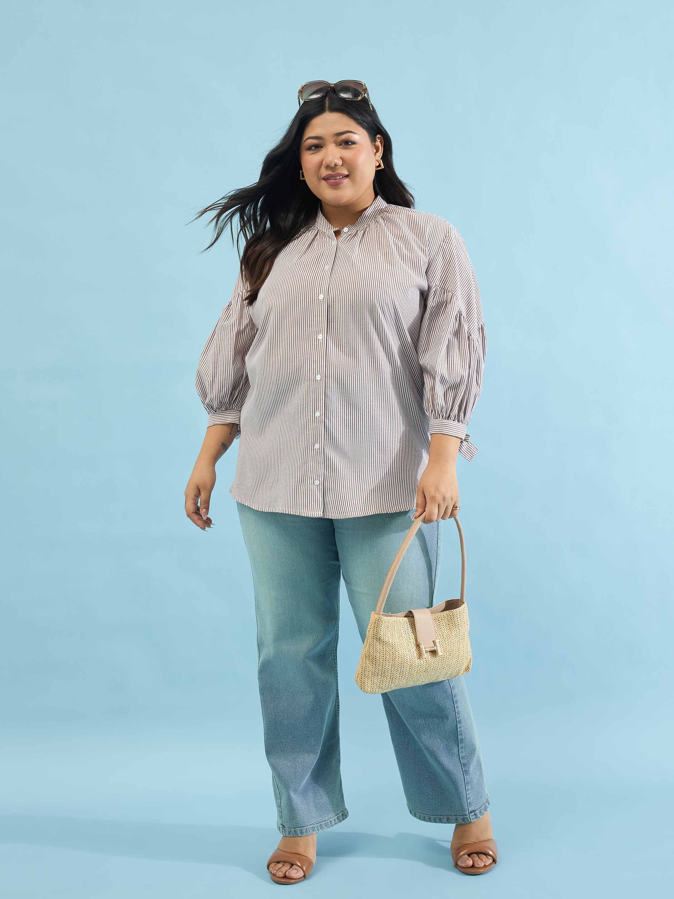 Women Brown Stripes Mandarin Collar Tie Knot Shirt