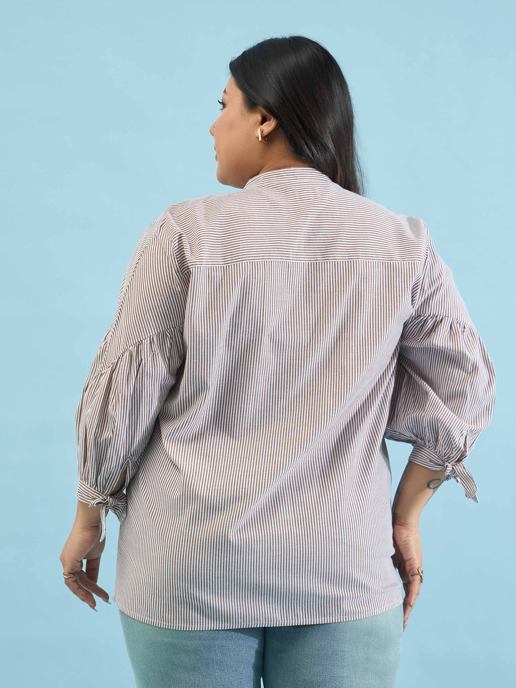 Women Brown Stripes Mandarin Collar Tie Knot Shirt