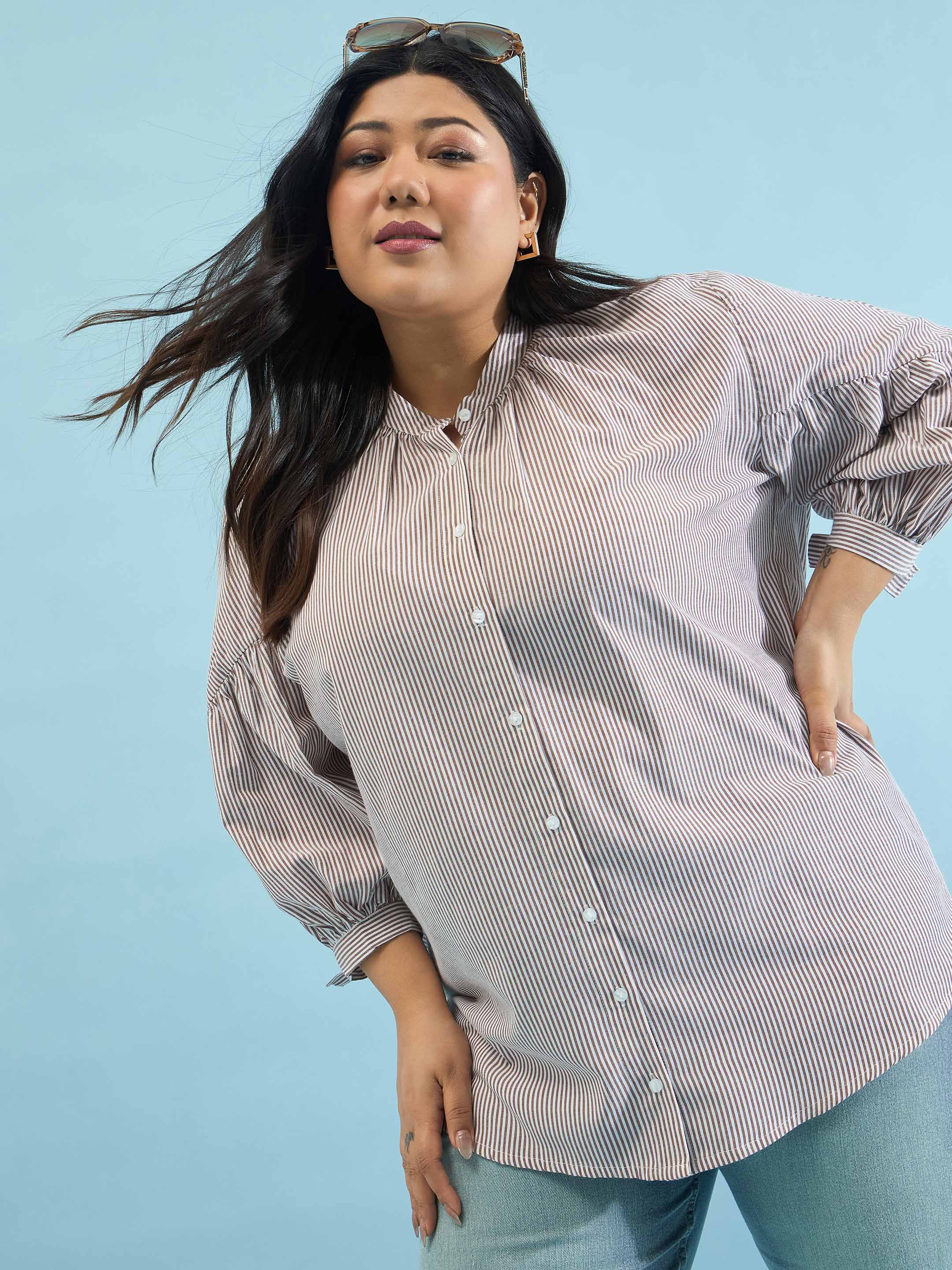 Women Brown Stripes Mandarin Collar Tie Knot Shirt