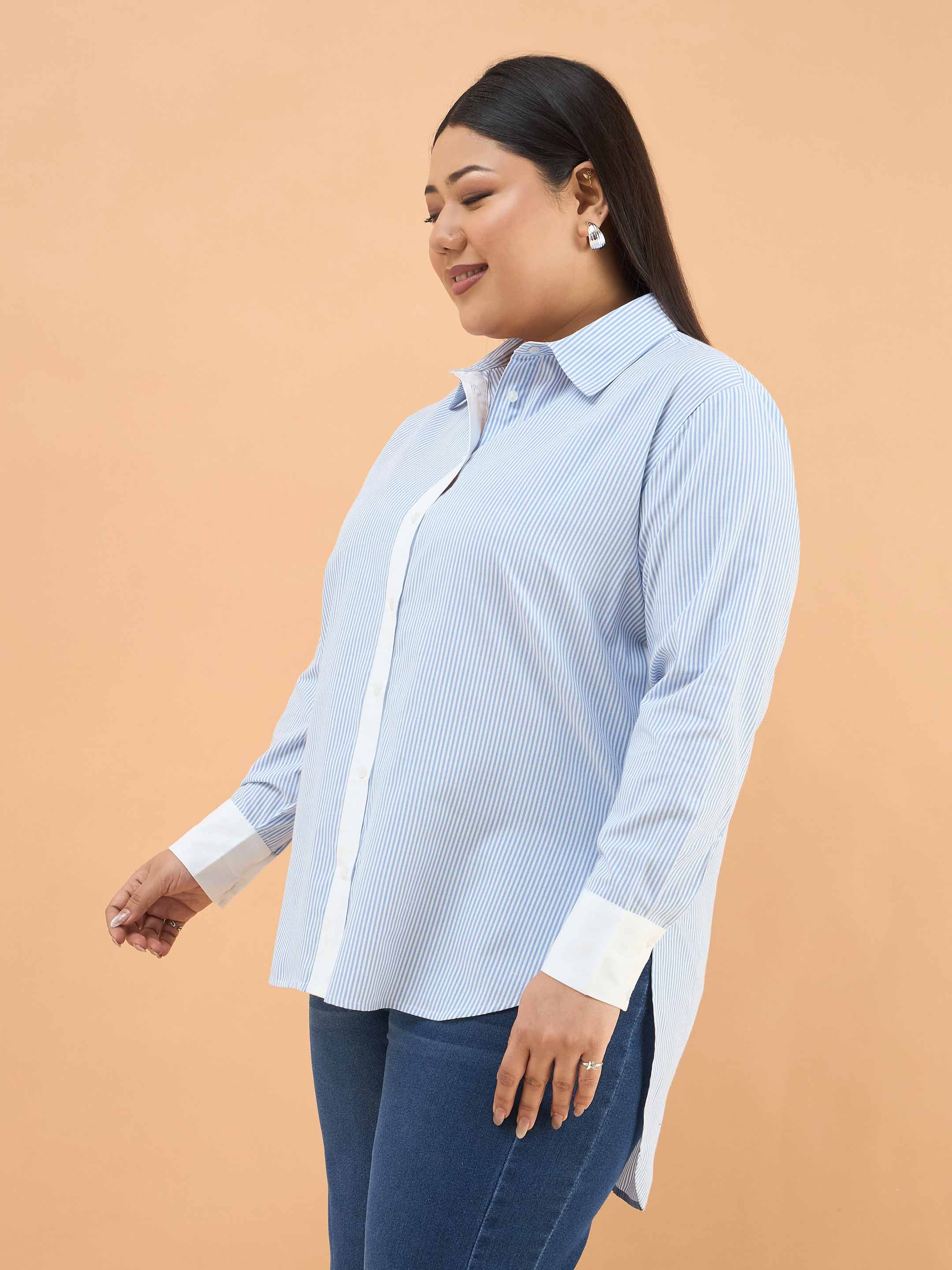 Women Ice Blue Stripes High-Low Shirt