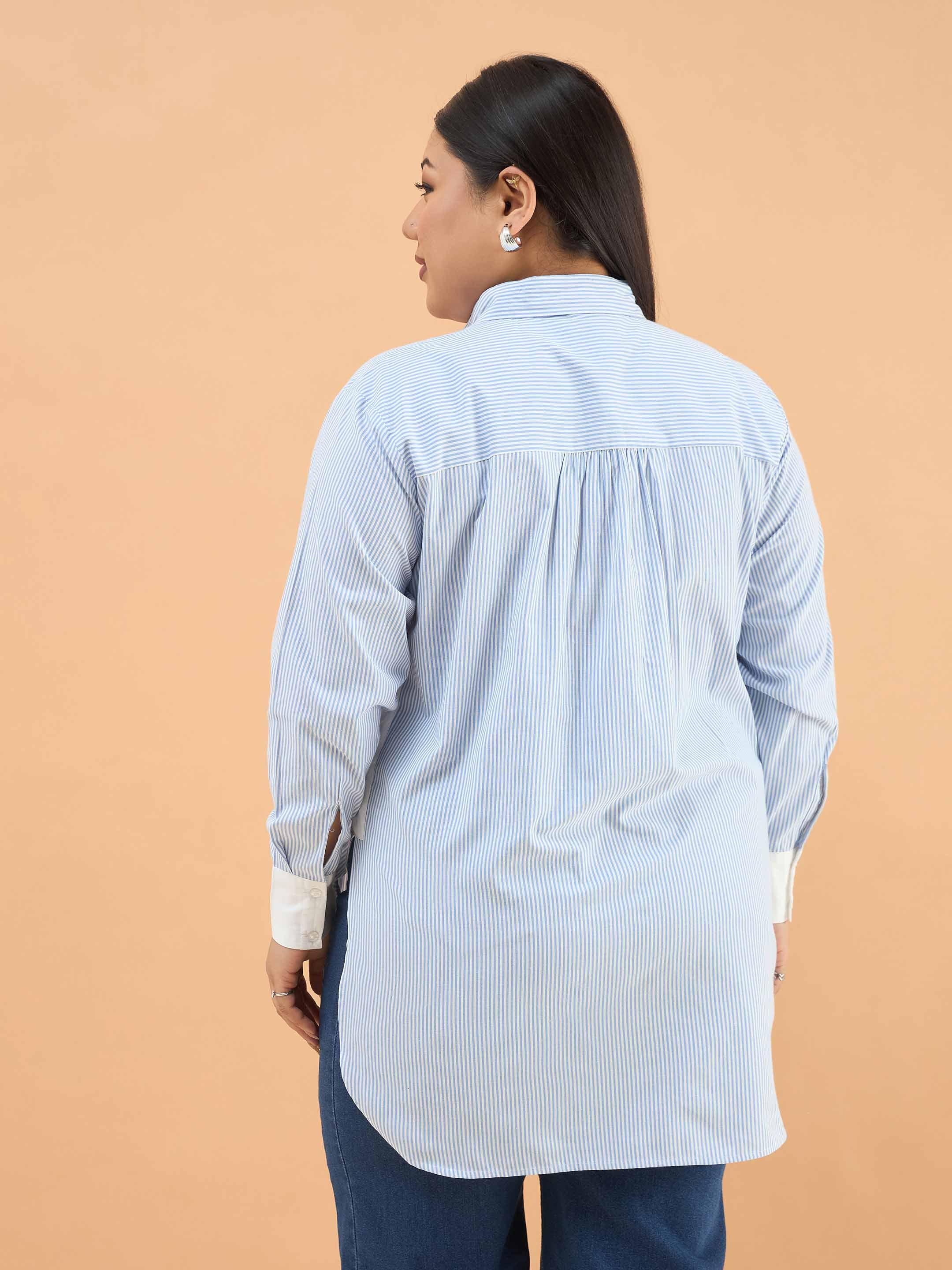 Women Ice Blue Stripes High-Low Shirt