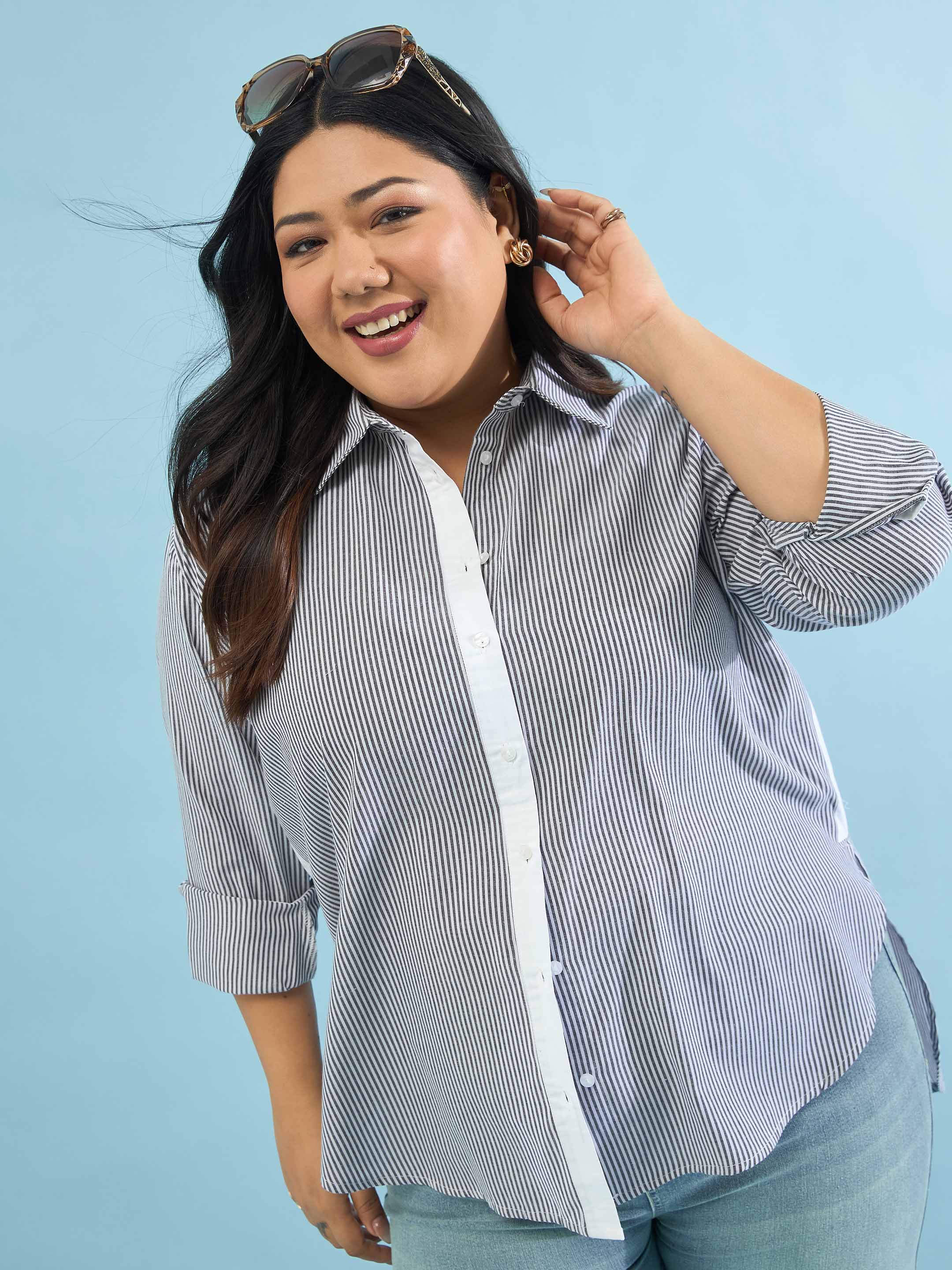 Women Black Stripes High-Low Shirt
