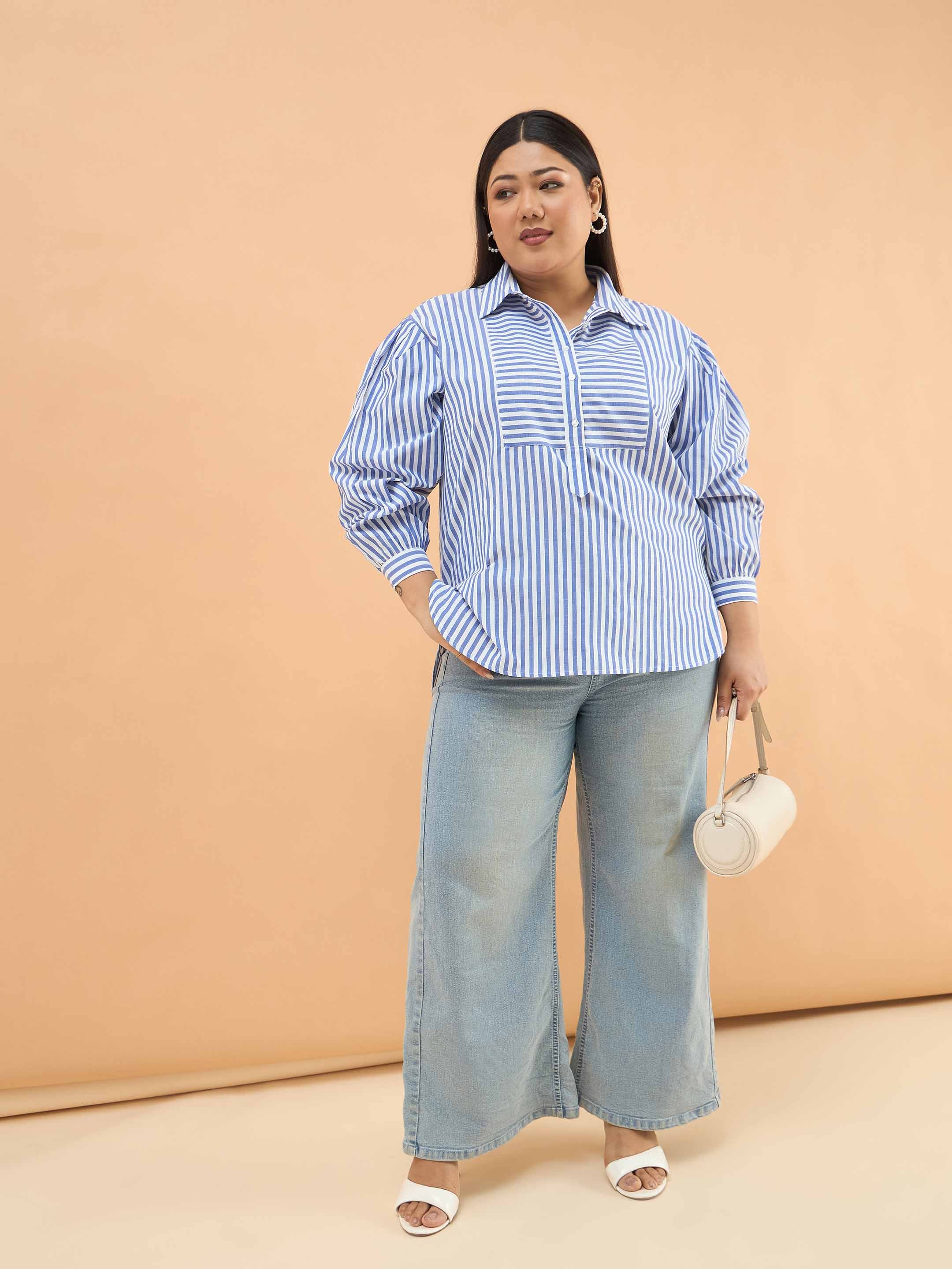 Women Navy Stripes Front Yoke Detail Regular Shirt