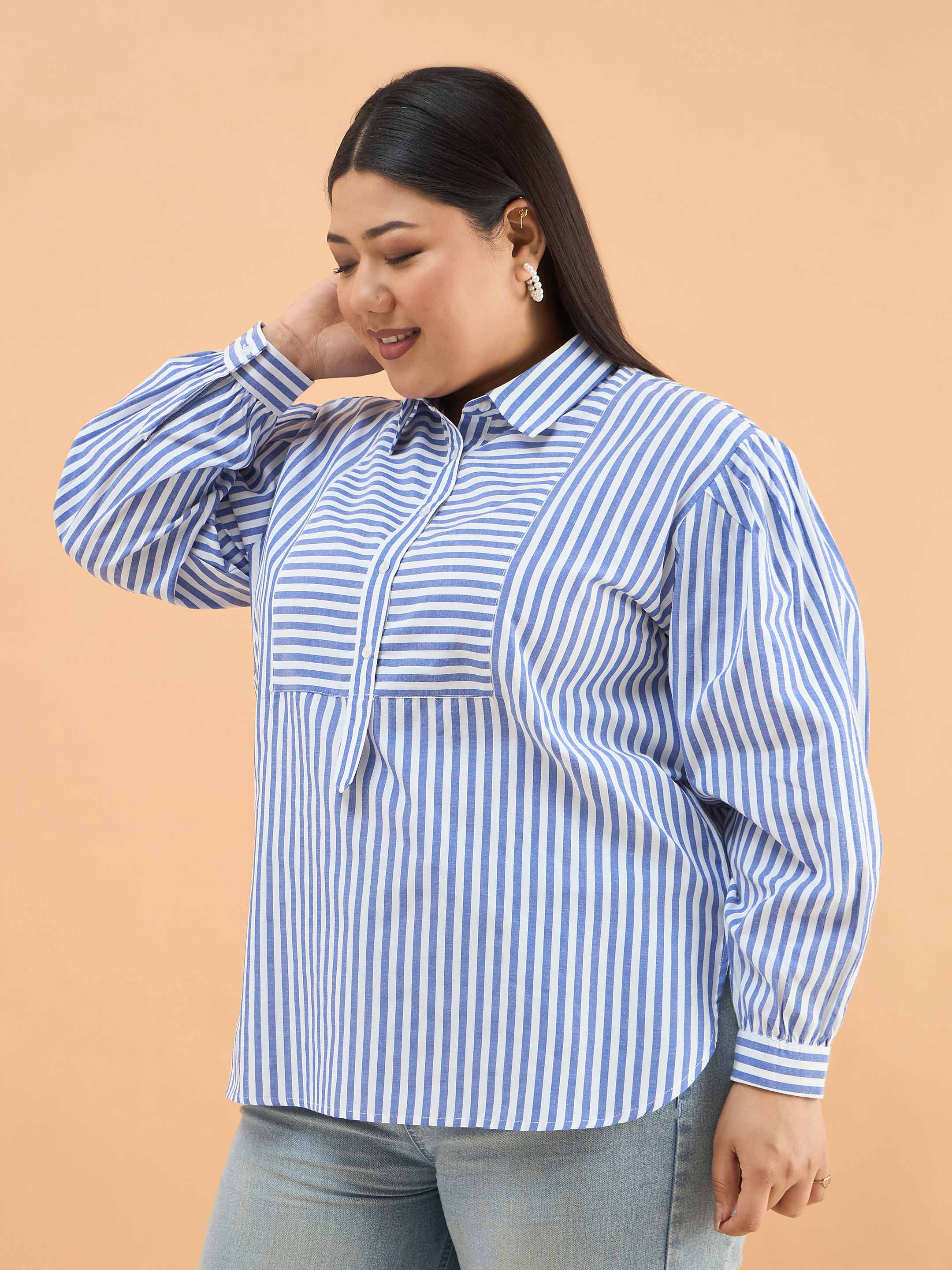 Women Navy Stripes Front Yoke Detail Regular Shirt