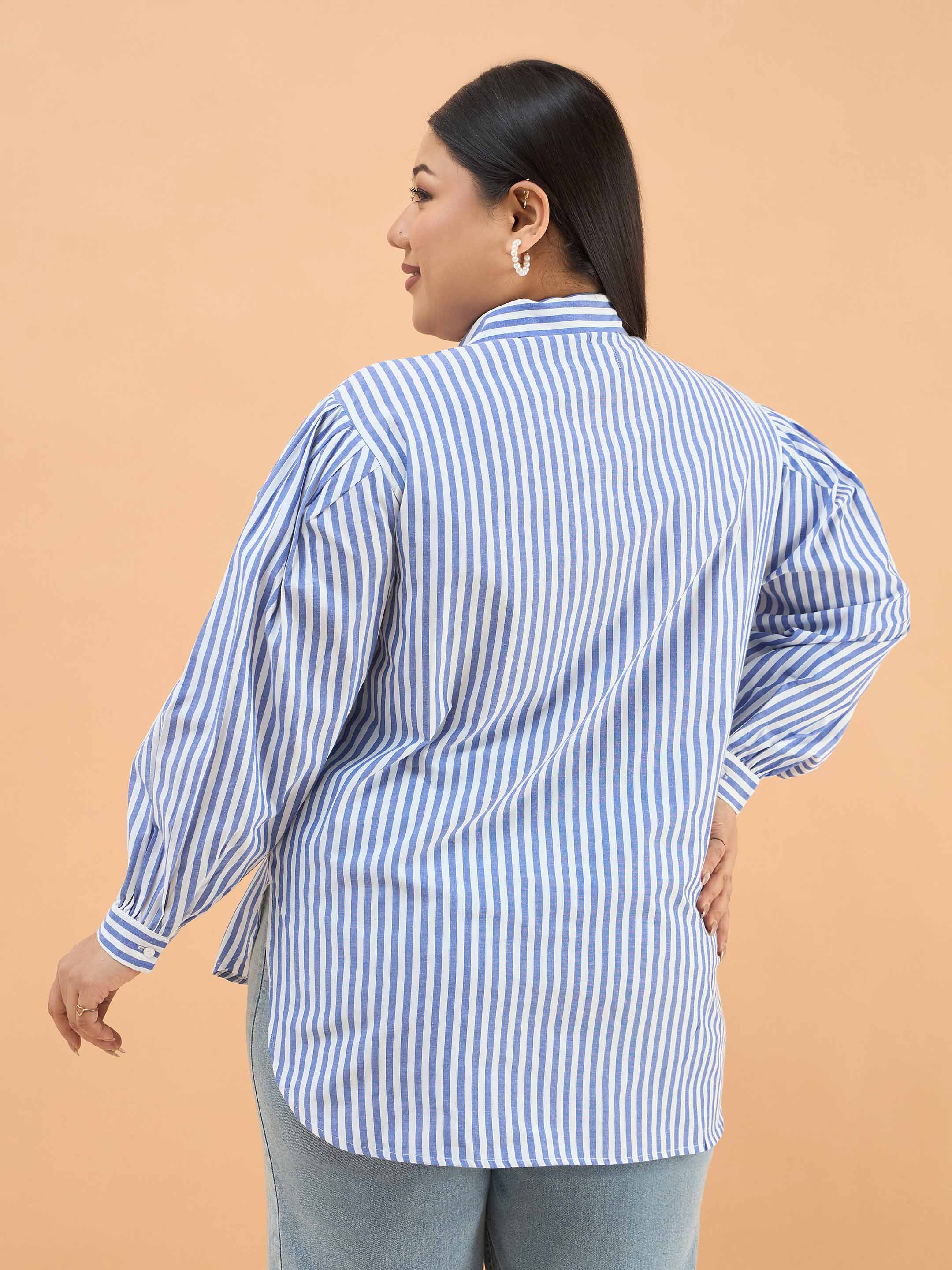 Women Navy Stripes Front Yoke Detail Regular Shirt