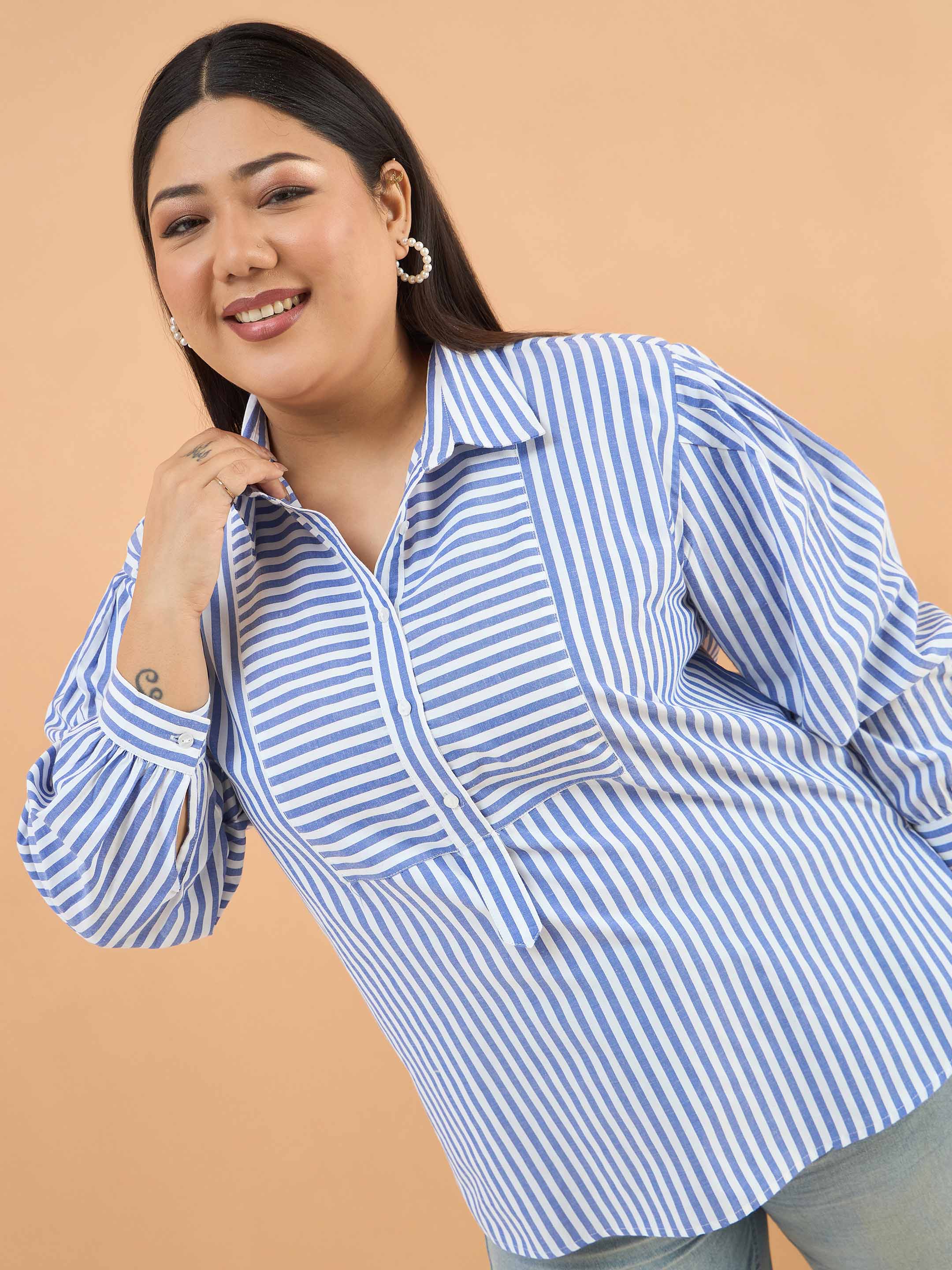 Women Navy Stripes Front Yoke Detail Regular Shirt