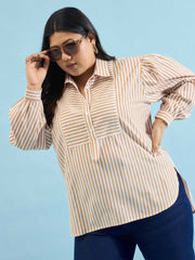 Women Brown Stripes Front Yoke Detail Regular Shirt