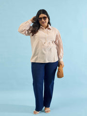 Women Brown Stripes Front Yoke Detail Regular Shirt