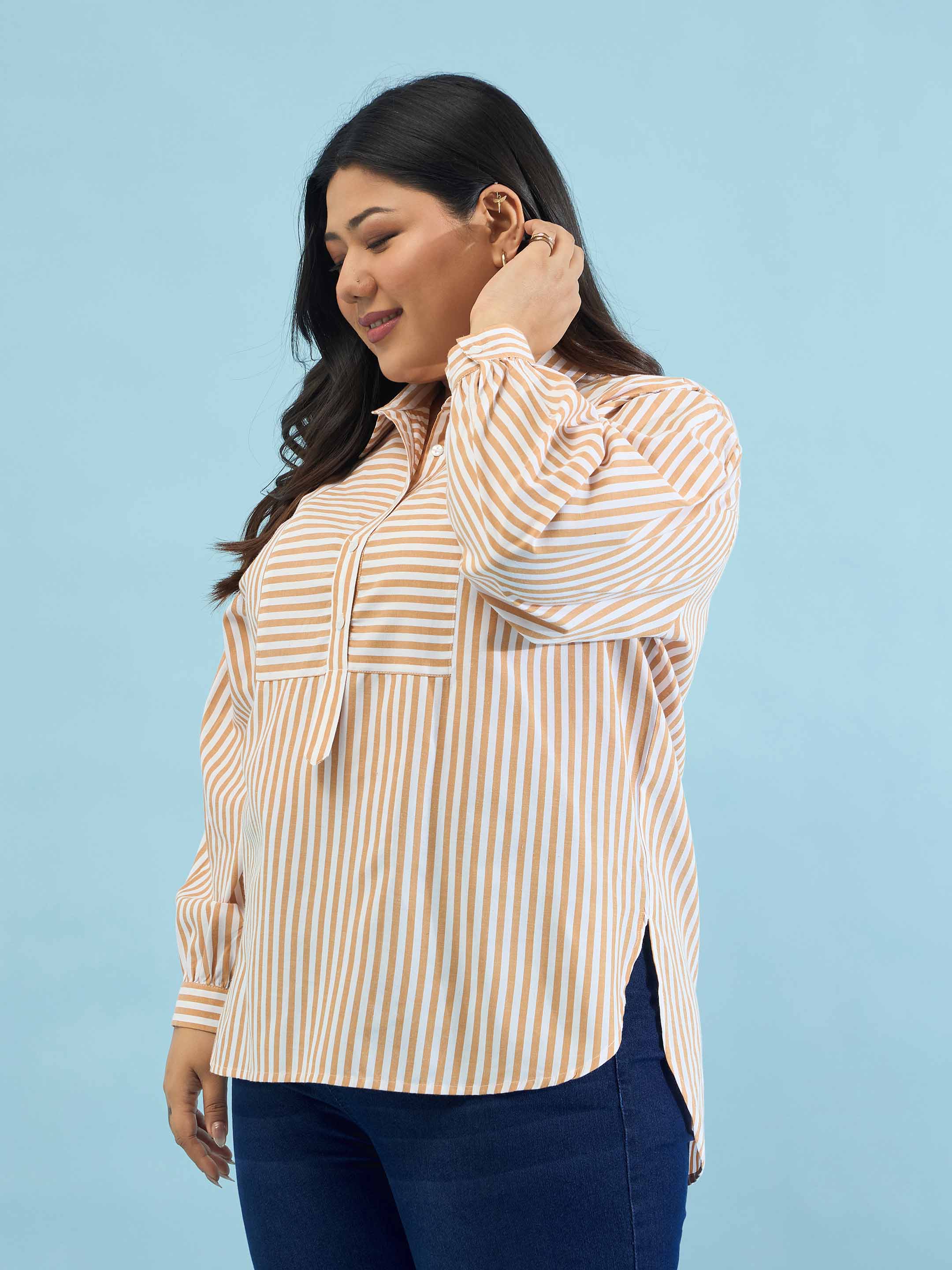 Women Brown Stripes Front Yoke Detail Regular Shirt