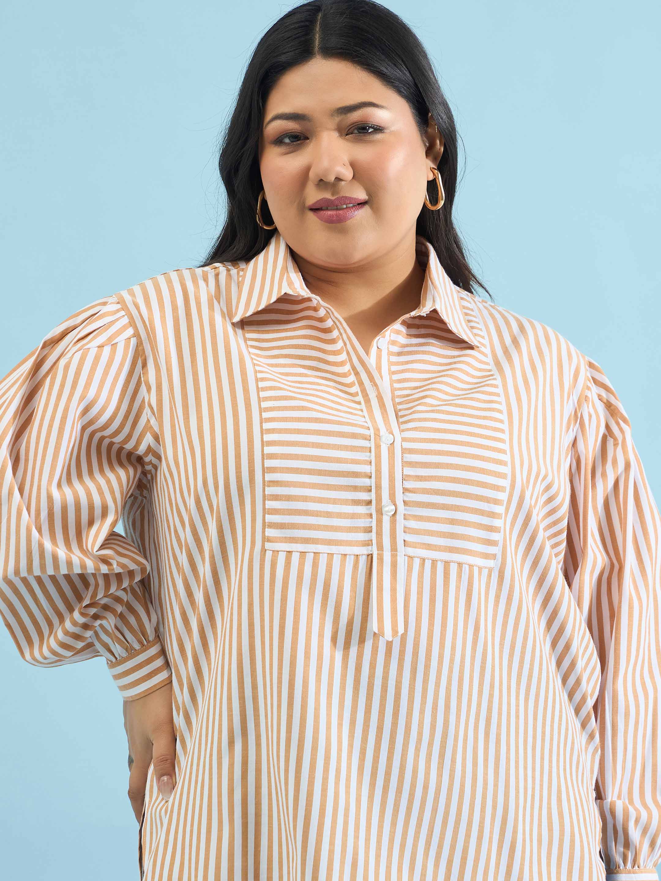 Women Brown Stripes Front Yoke Detail Regular Shirt