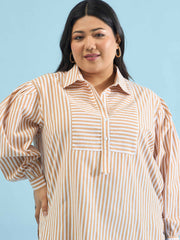 Women Brown Stripes Front Yoke Detail Regular Shirt