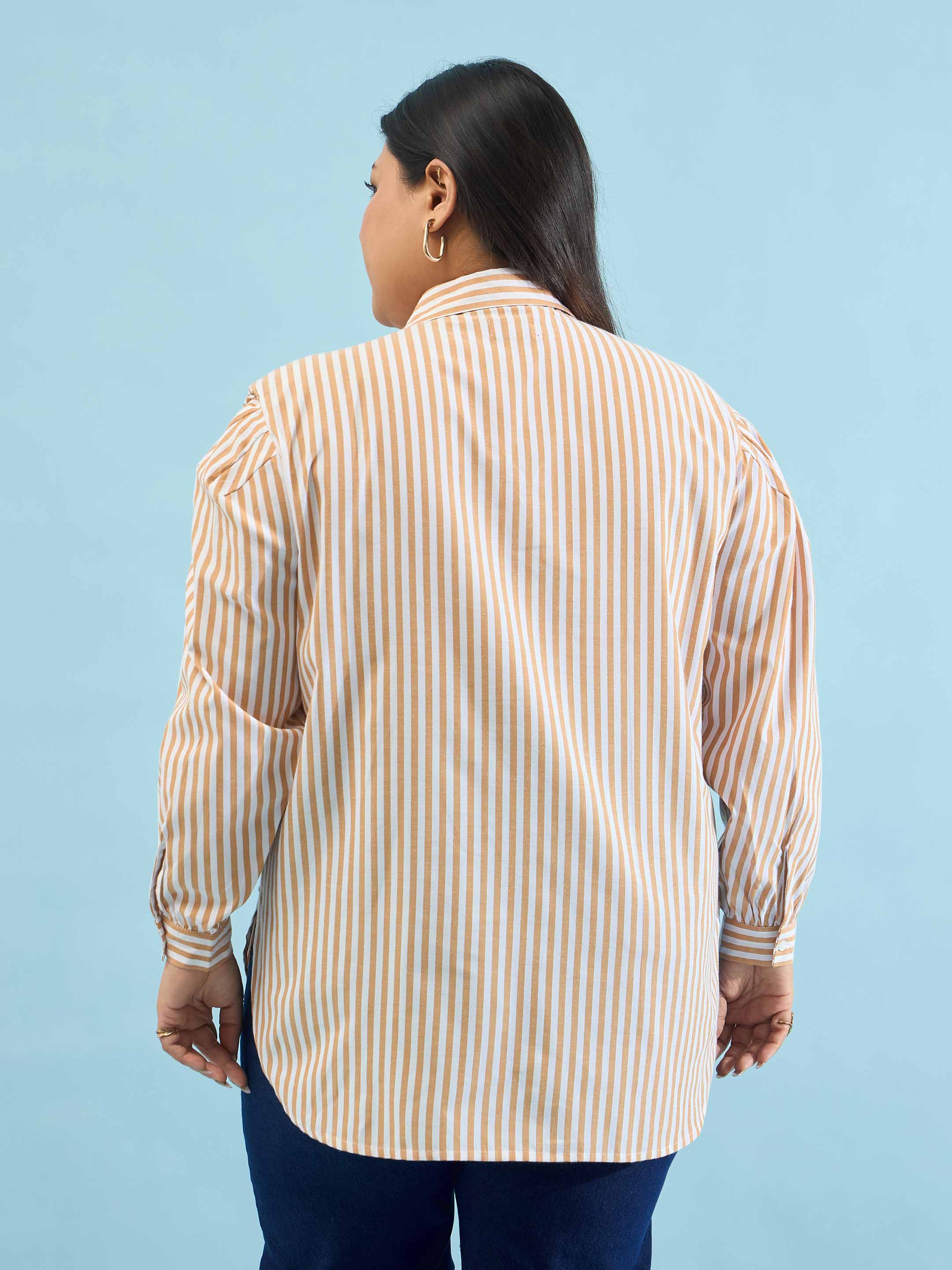 Women Brown Stripes Front Yoke Detail Regular Shirt