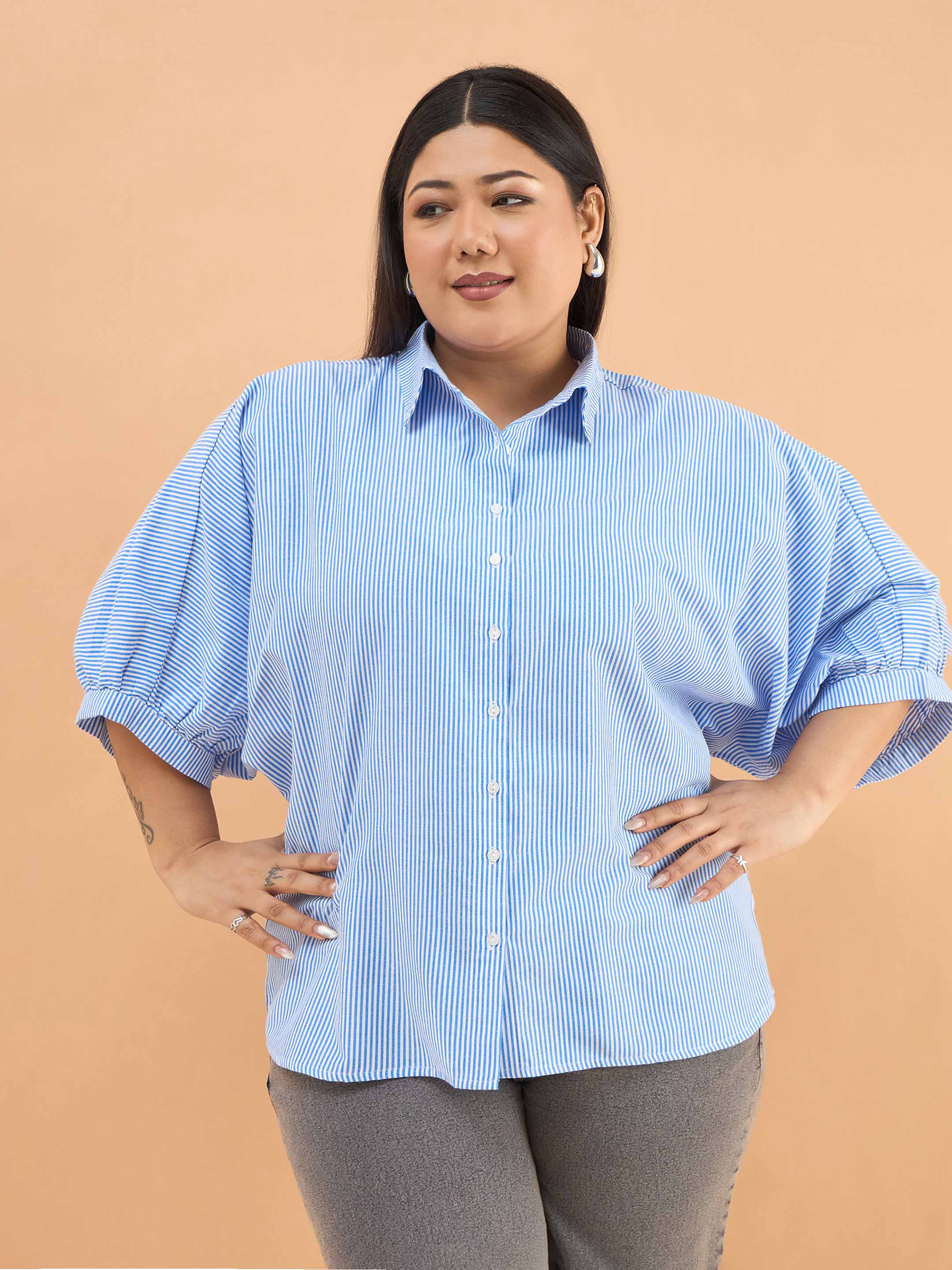 Women Blue Stripes Kimono Sleeves Regular Shirt