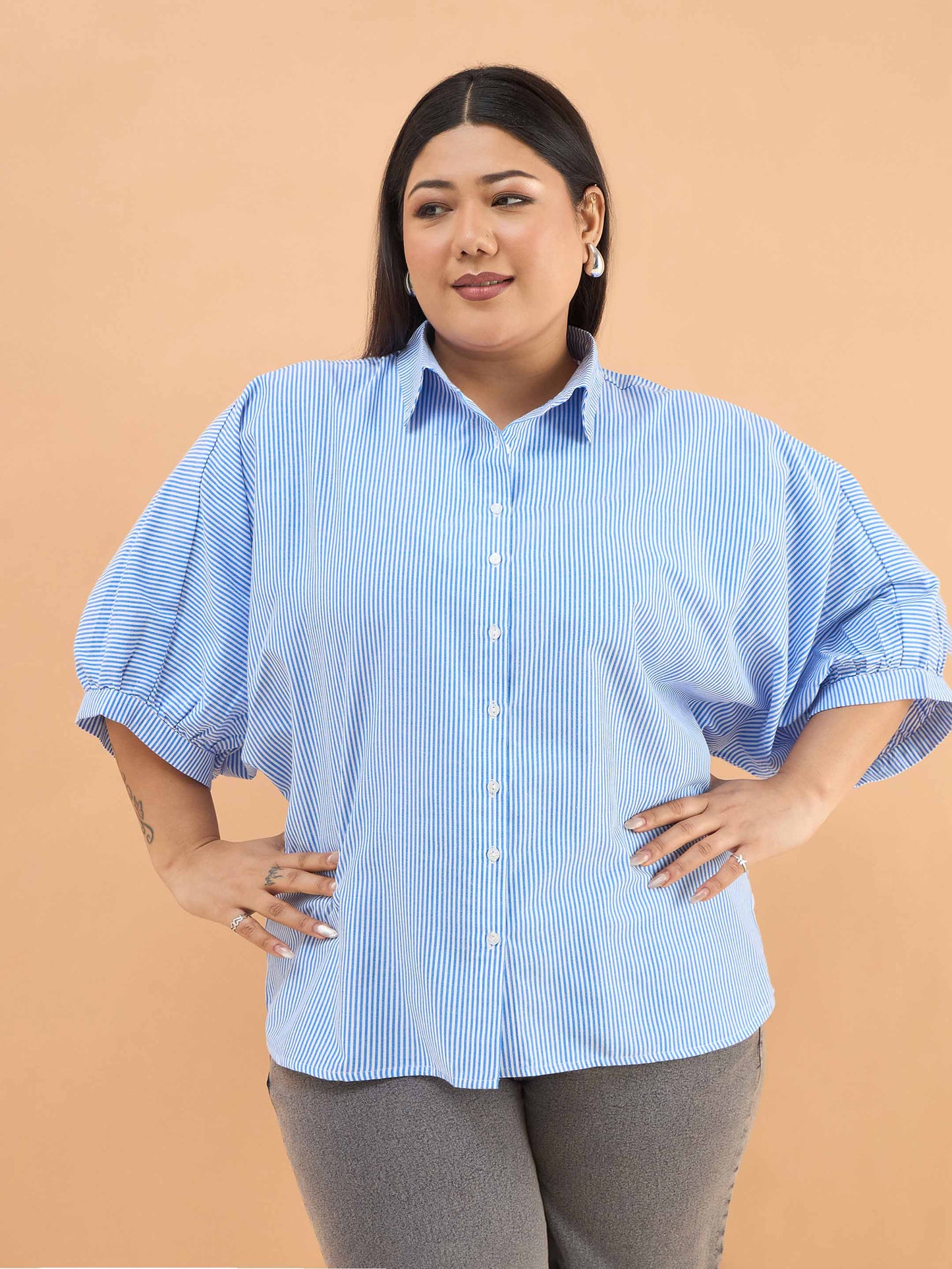 Women Blue Stripes Kimono Sleeves Regular Shirt