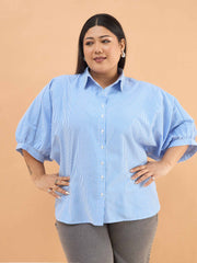 Women Blue Stripes Kimono Sleeves Regular Shirt