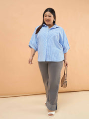 Women Blue Stripes Kimono Sleeves Regular Shirt