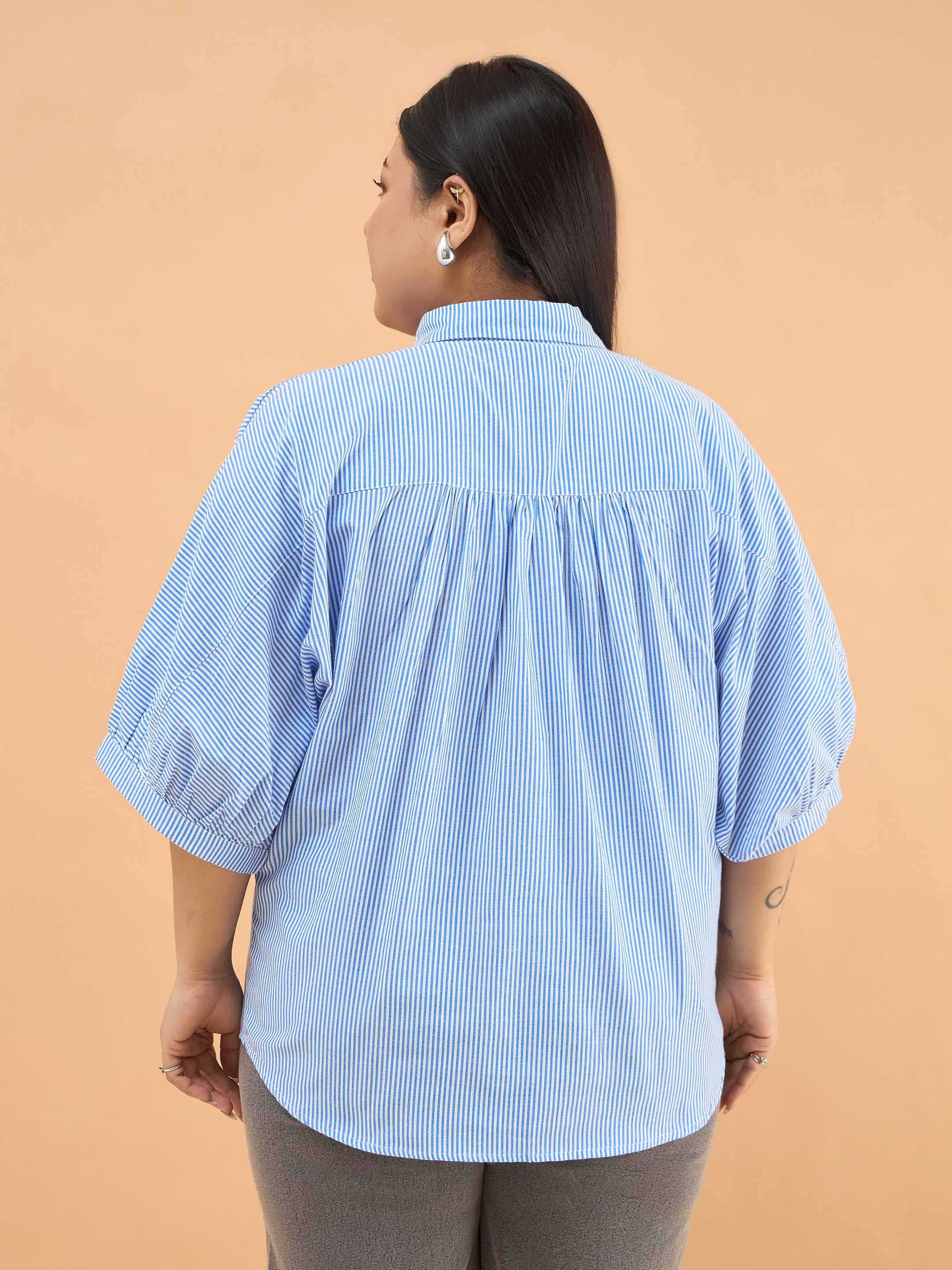 Women Blue Stripes Kimono Sleeves Regular Shirt