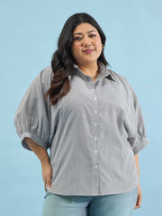 Women Black Stripes Kimono Sleeves Regular Shirt