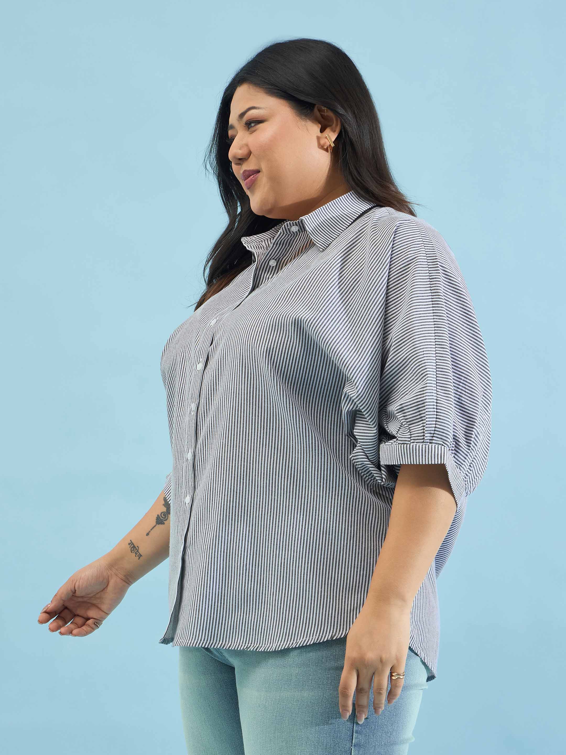 Women Black Stripes Kimono Sleeves Regular Shirt