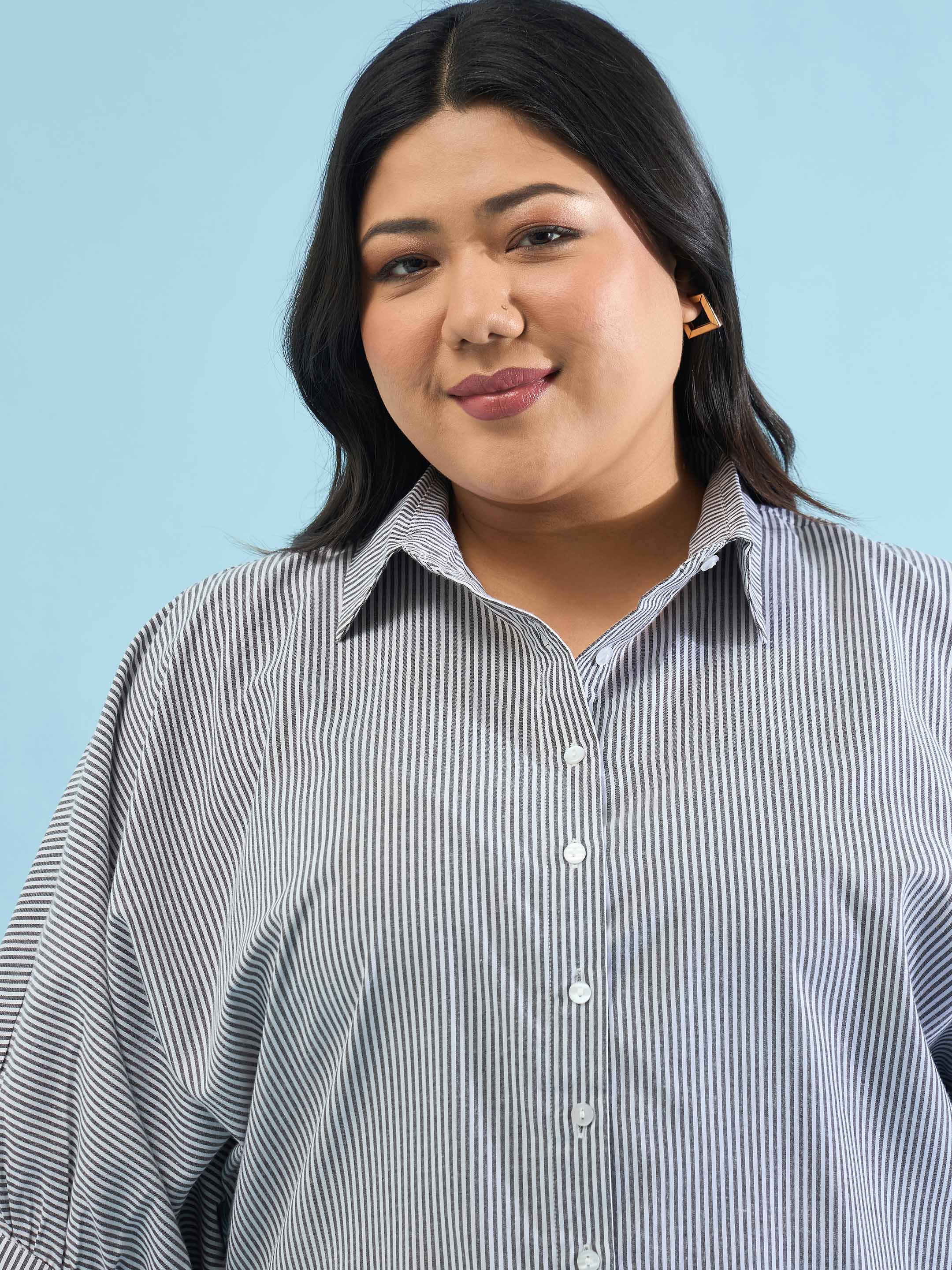 Women Black Stripes Kimono Sleeves Regular Shirt