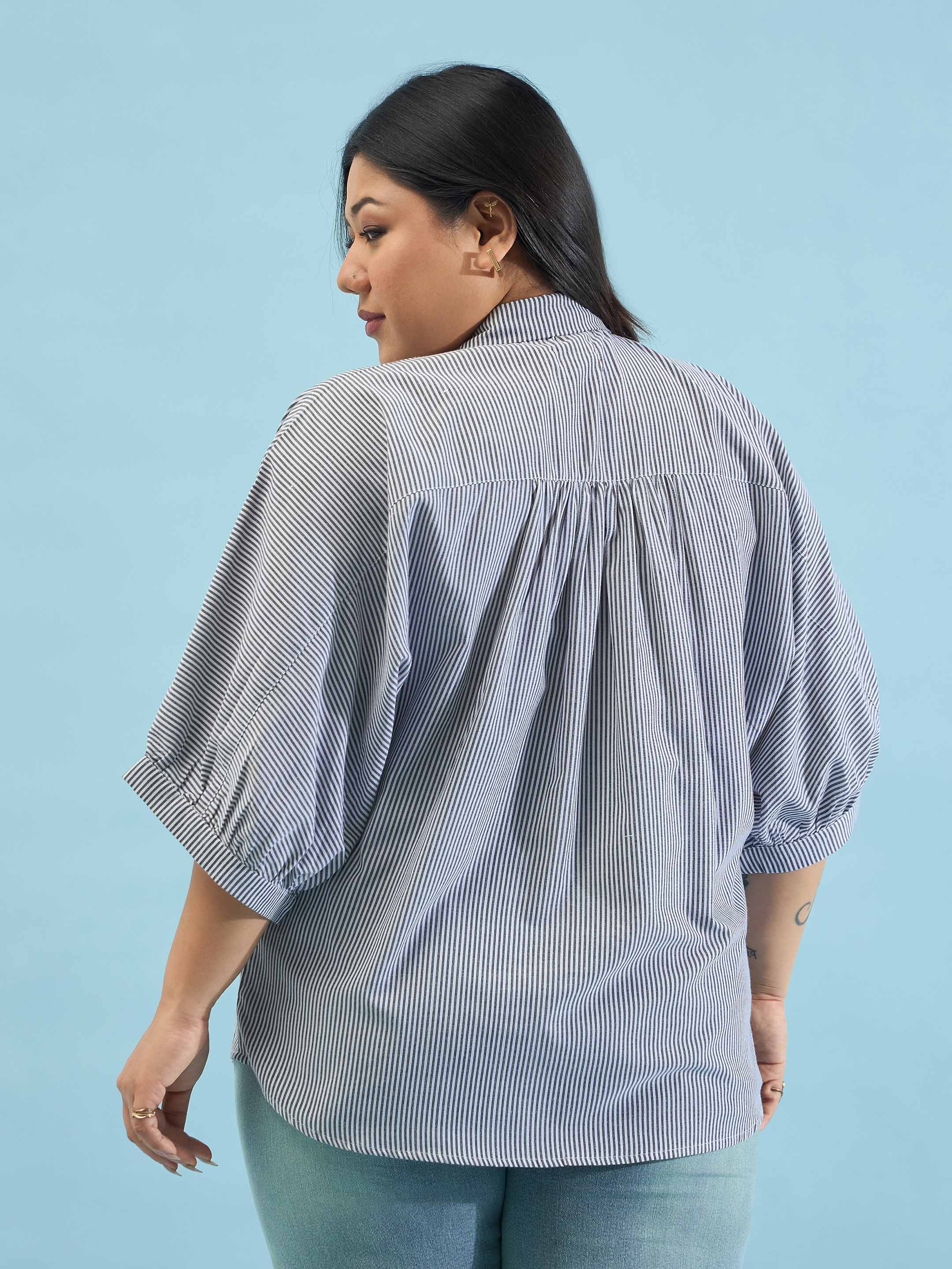 Women Black Stripes Kimono Sleeves Regular Shirt