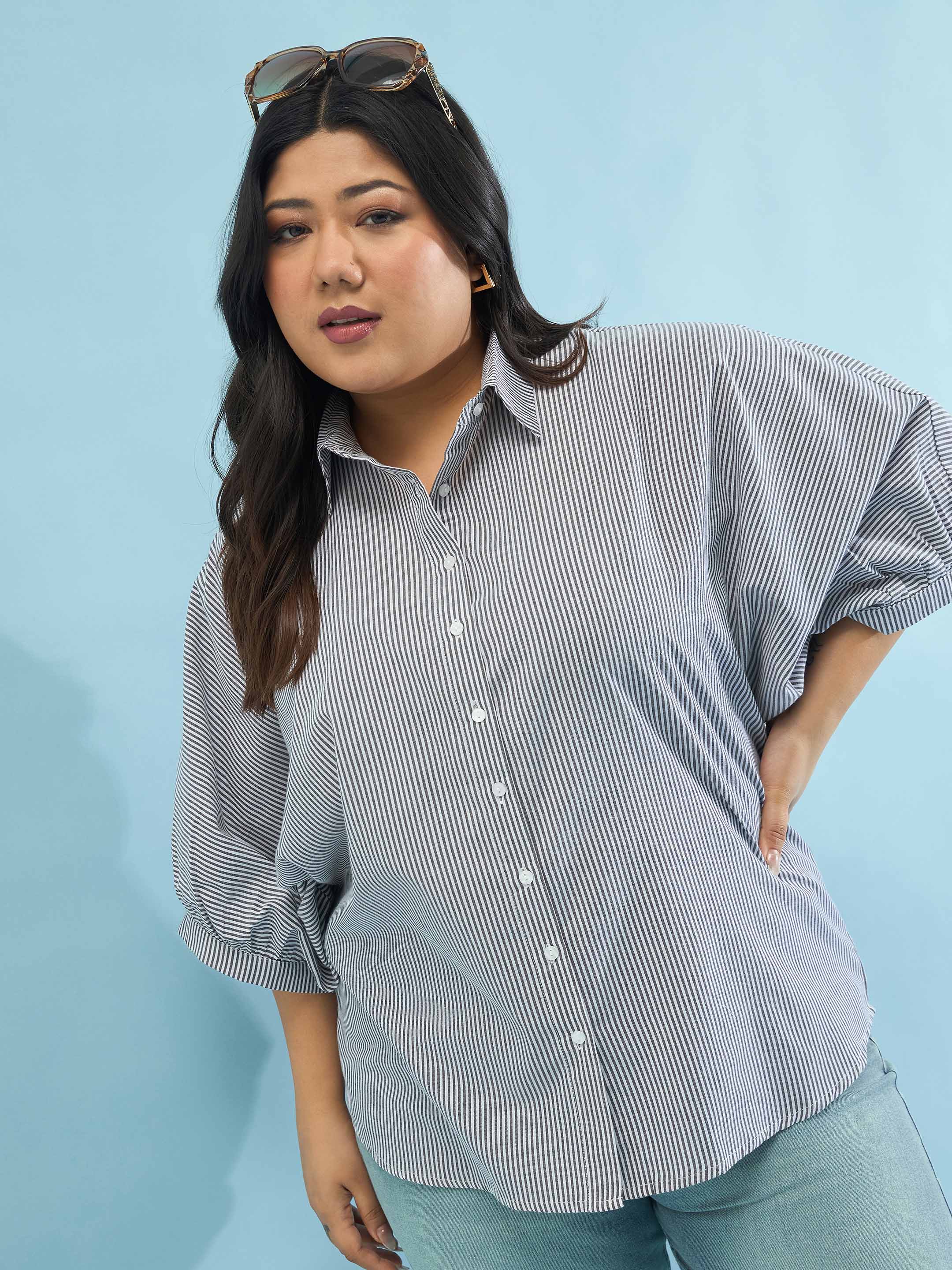 Women Black Stripes Kimono Sleeves Regular Shirt