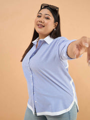 Women Blue Stripes Back Design Hi-Low Shirt