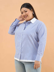 Women Blue Stripes Back Design Hi-Low Shirt