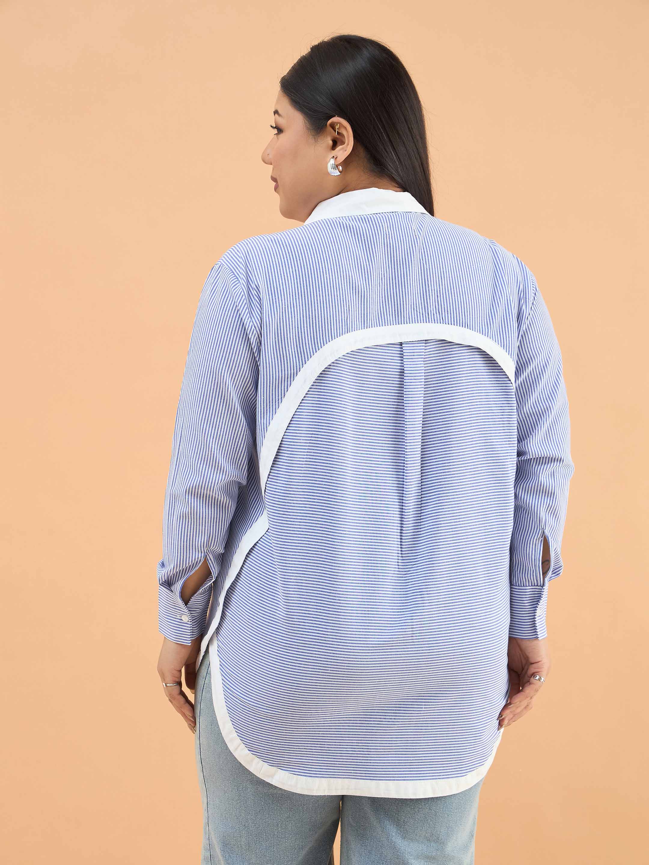 Women Blue Stripes Back Design Hi-Low Shirt