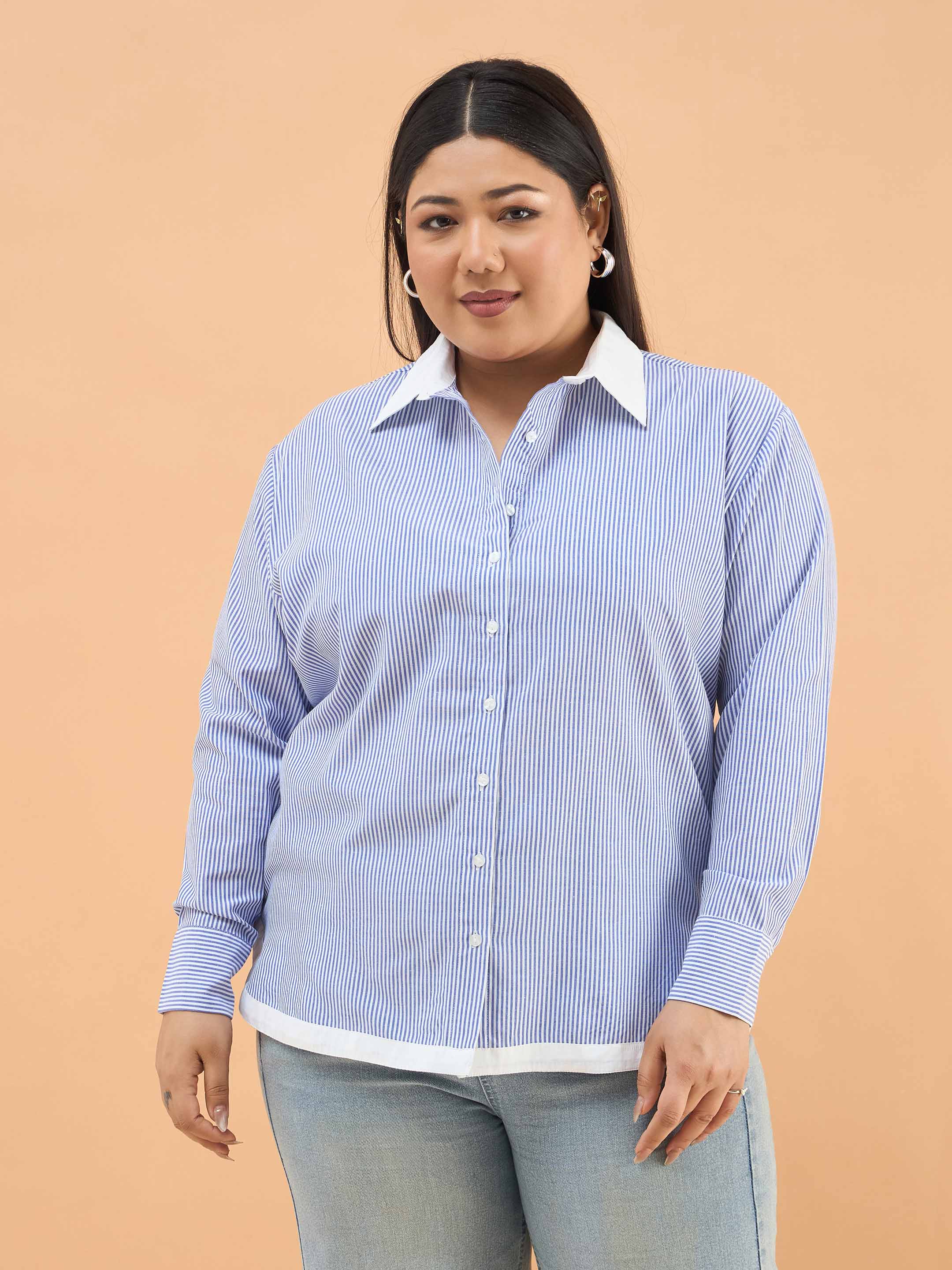 Women Blue Stripes Back Design Hi-Low Shirt