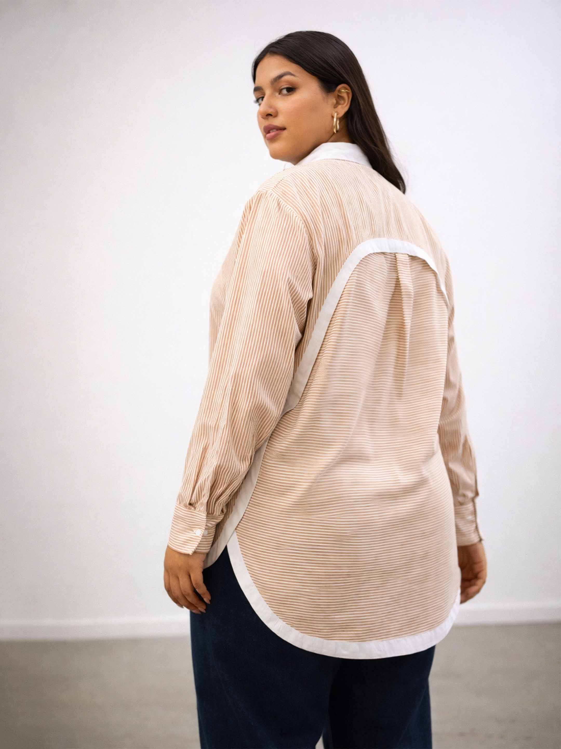 Women Beige Stripes Back Design Hi-Low Shirt