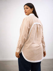 Women Beige Stripes Back Design Hi-Low Shirt