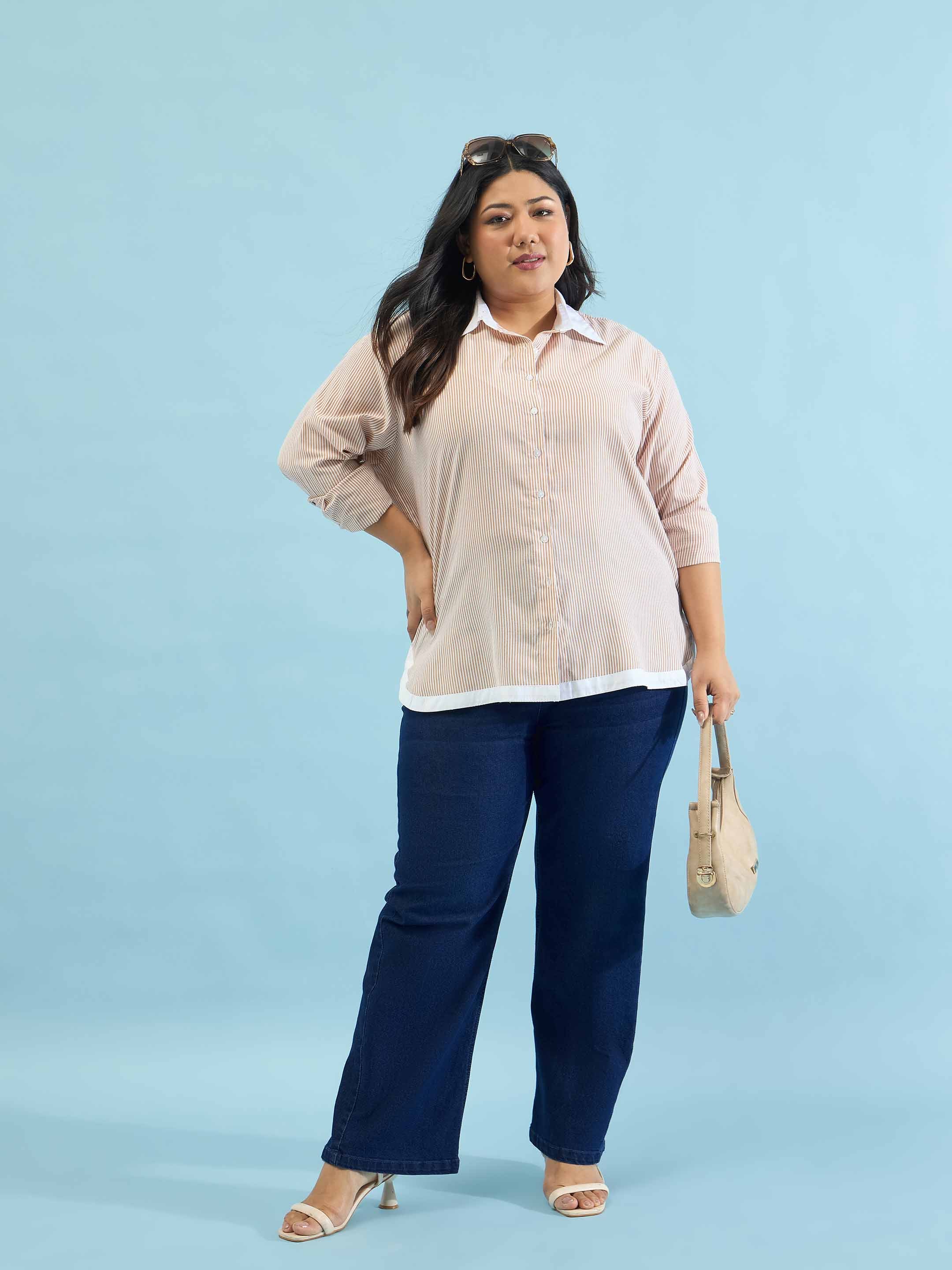 Women Beige Stripes Back Design Hi-Low Shirt